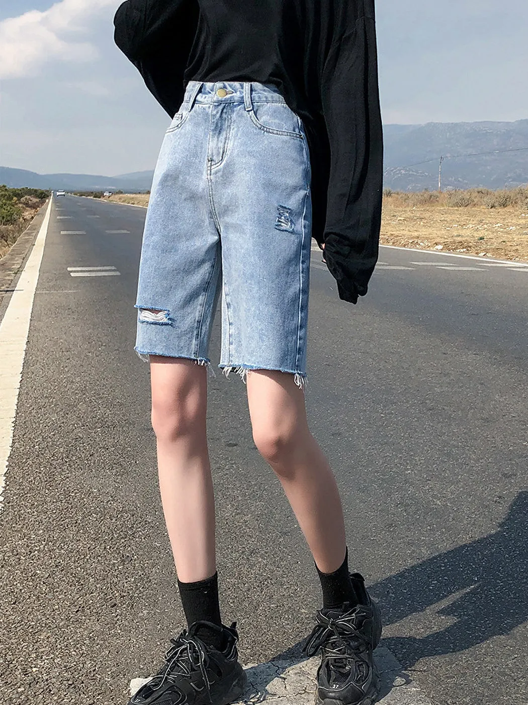 High Waisted Capri Bermuda Denim Shorts