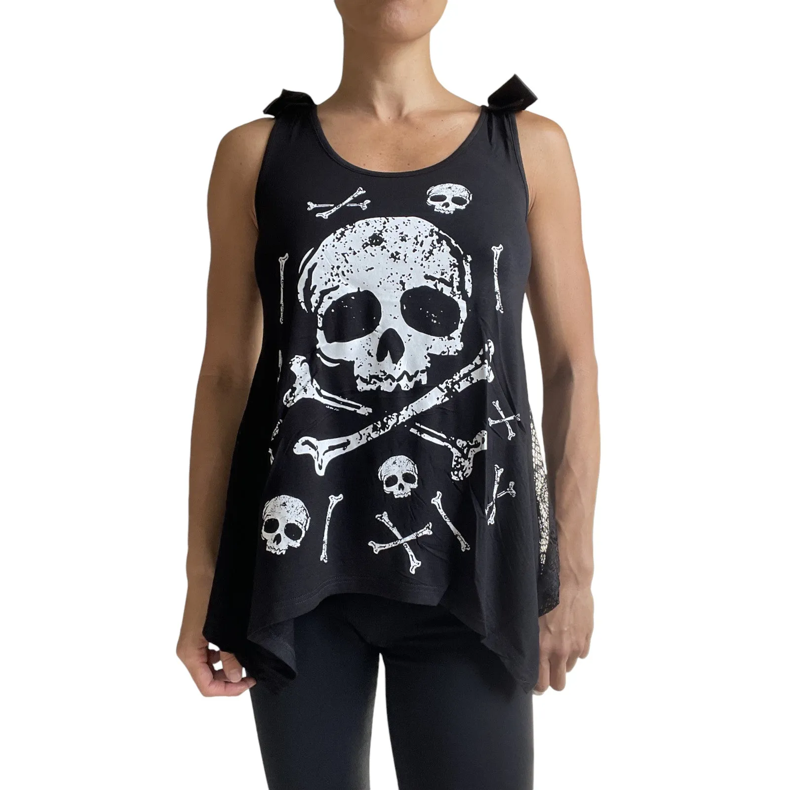Jawbreaker Skull & CrossBones Black Skull Lace Flowy Tank with bows