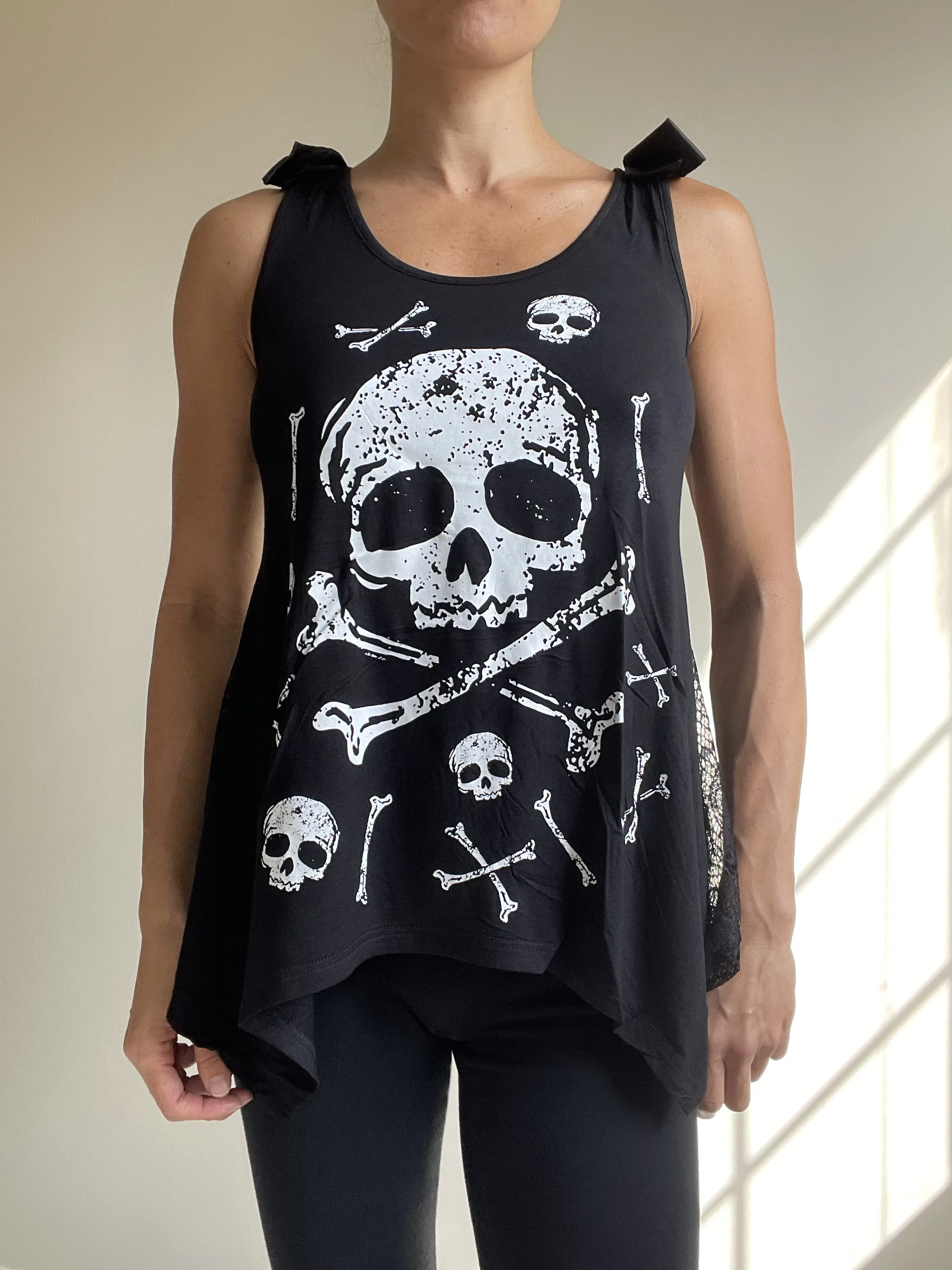 Jawbreaker Skull & CrossBones Black Skull Lace Flowy Tank with bows