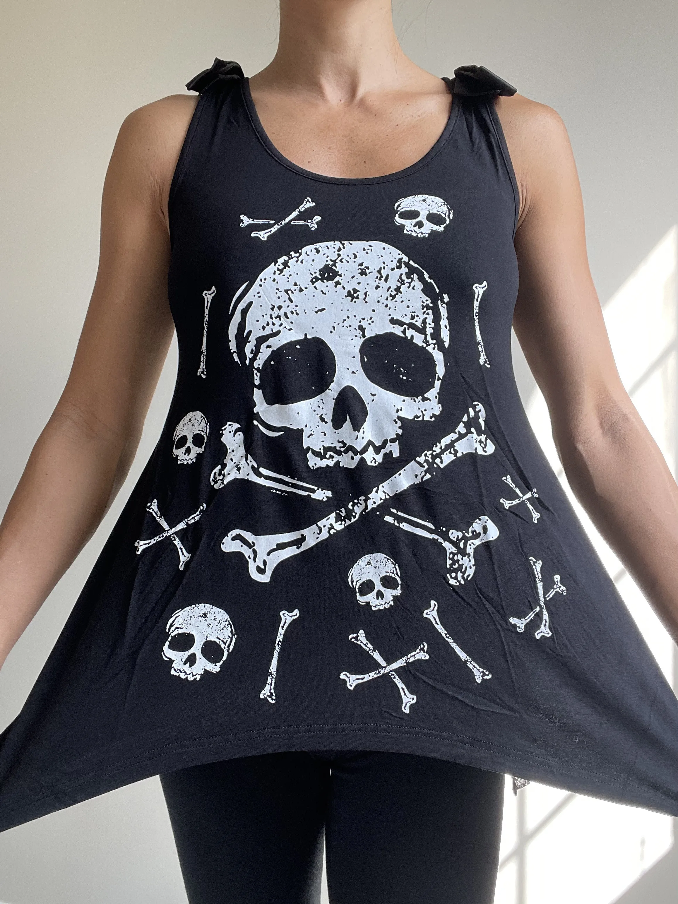 Jawbreaker Skull & CrossBones Black Skull Lace Flowy Tank with bows