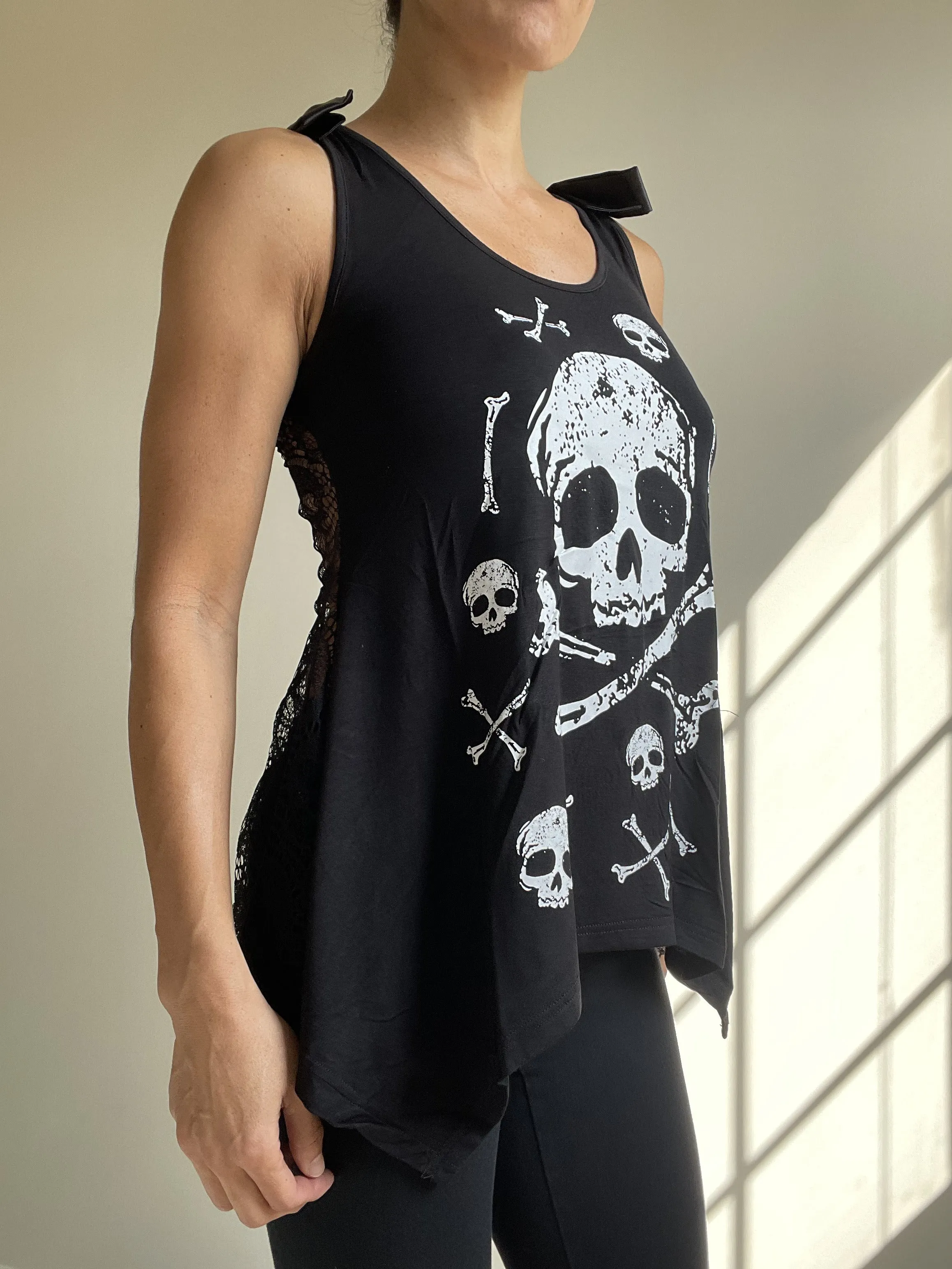 Jawbreaker Skull & CrossBones Black Skull Lace Flowy Tank with bows