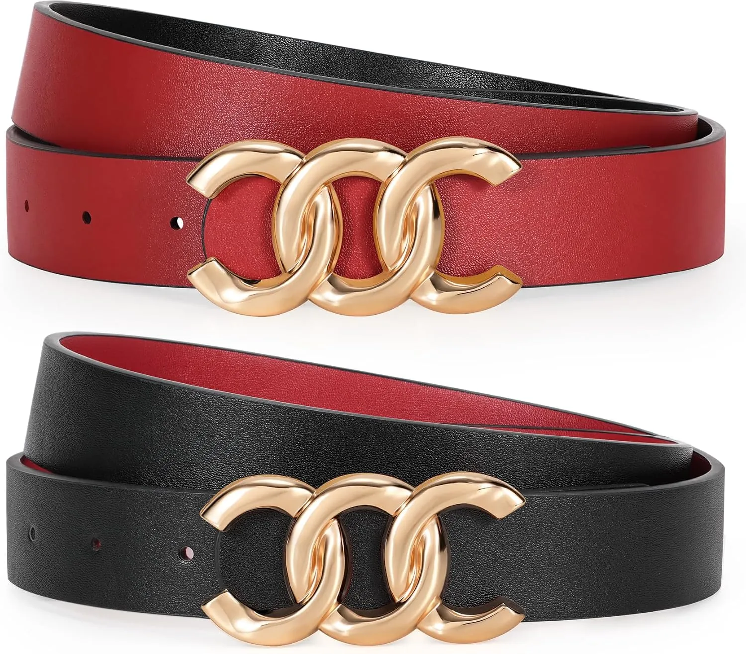 KASBAH Womens Reversible Leather Belt With Gold Buckle Two-in-One Ladies Waist Work Belt for Jeans Pants Dresses
