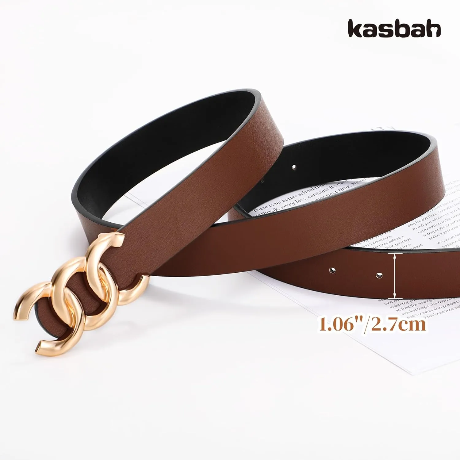 KASBAH Womens Reversible Leather Belt With Gold Buckle Two-in-One Ladies Waist Work Belt for Jeans Pants Dresses
