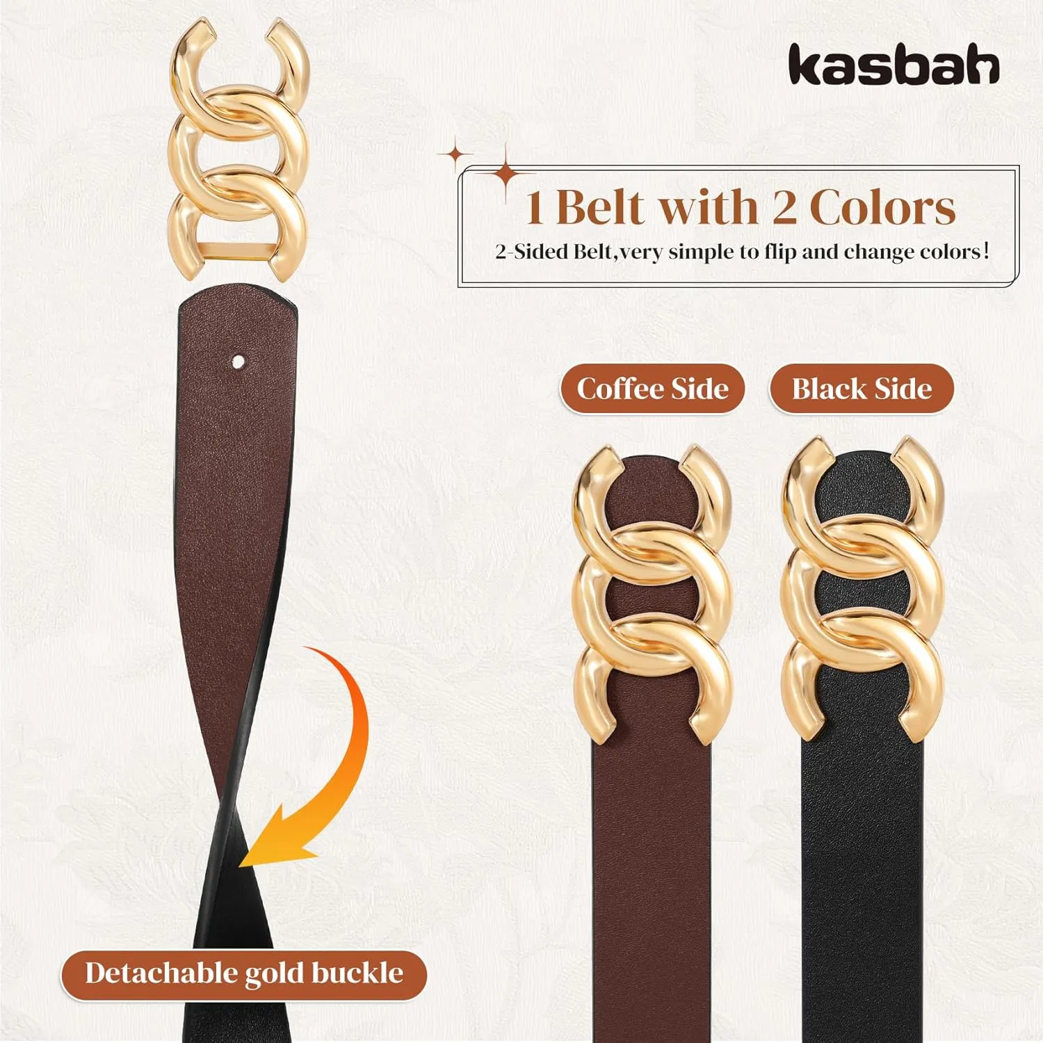 KASBAH Womens Reversible Leather Belt With Gold Buckle Two-in-One Ladies Waist Work Belt for Jeans Pants Dresses