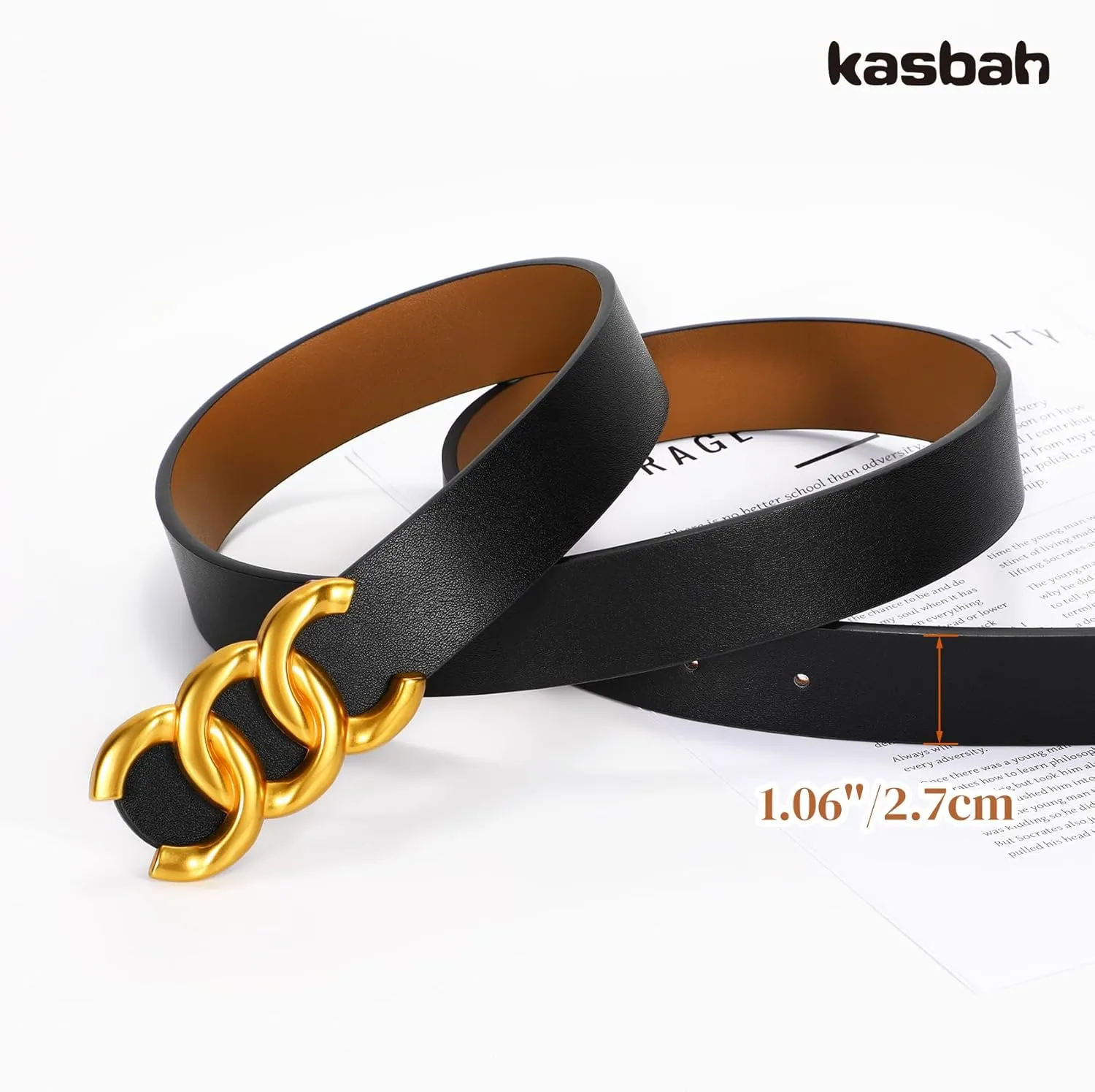 KASBAH Womens Reversible Leather Belt With Gold Buckle Two-in-One Ladies Waist Work Belt for Jeans Pants Dresses