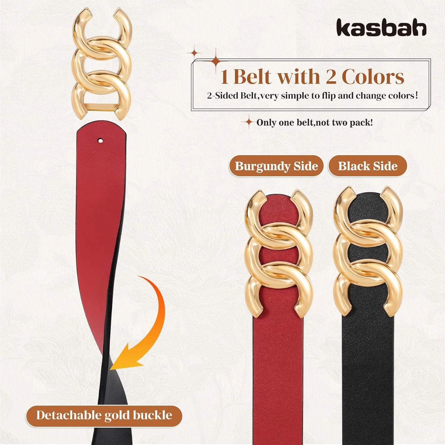 KASBAH Womens Reversible Leather Belt With Gold Buckle Two-in-One Ladies Waist Work Belt for Jeans Pants Dresses