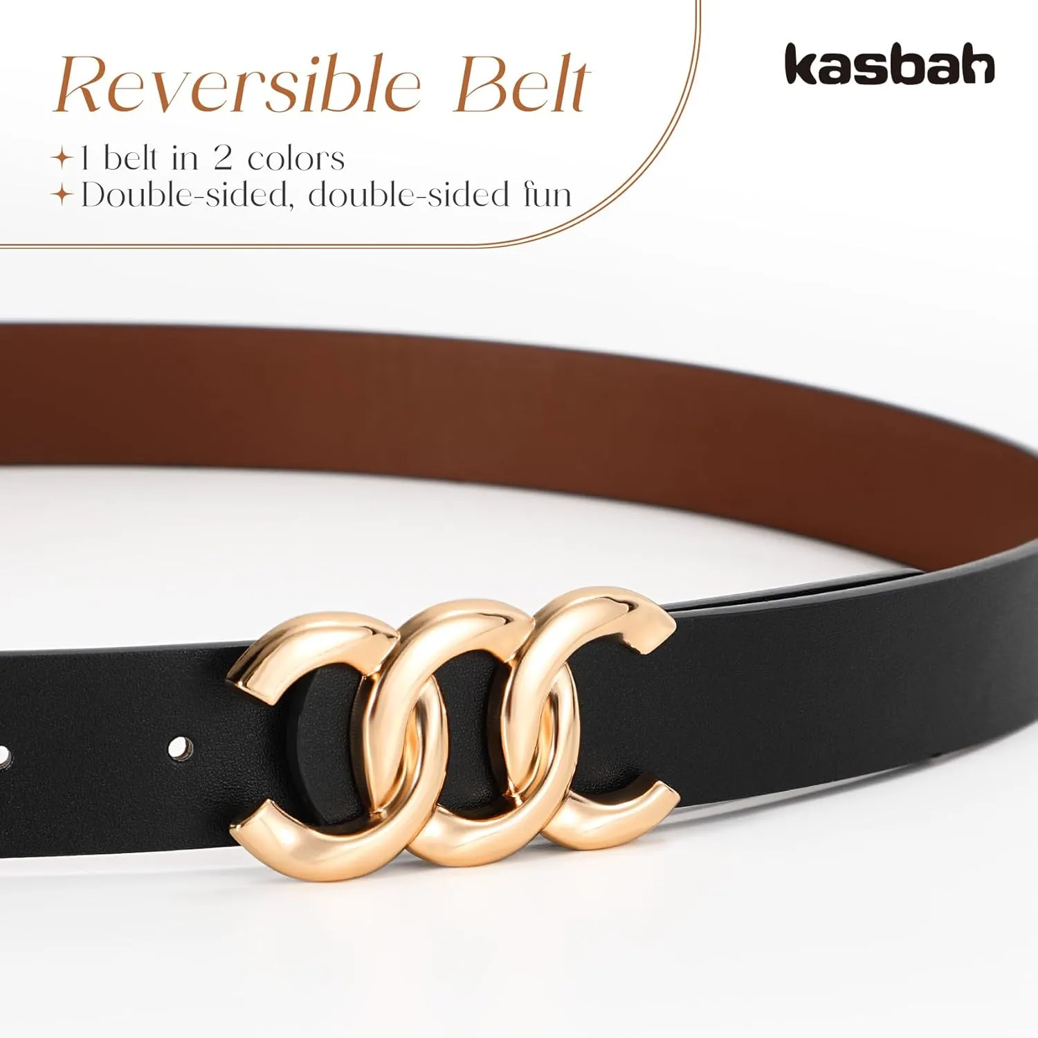 KASBAH Womens Reversible Leather Belt With Gold Buckle Two-in-One Ladies Waist Work Belt for Jeans Pants Dresses