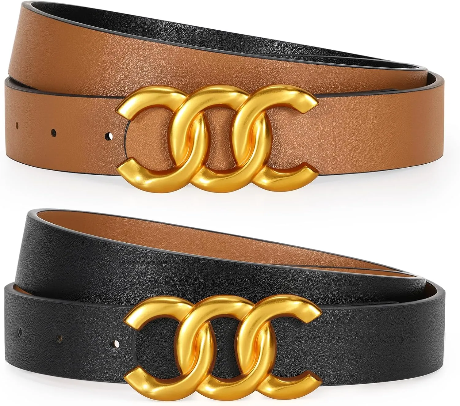 KASBAH Womens Reversible Leather Belt With Gold Buckle Two-in-One Ladies Waist Work Belt for Jeans Pants Dresses