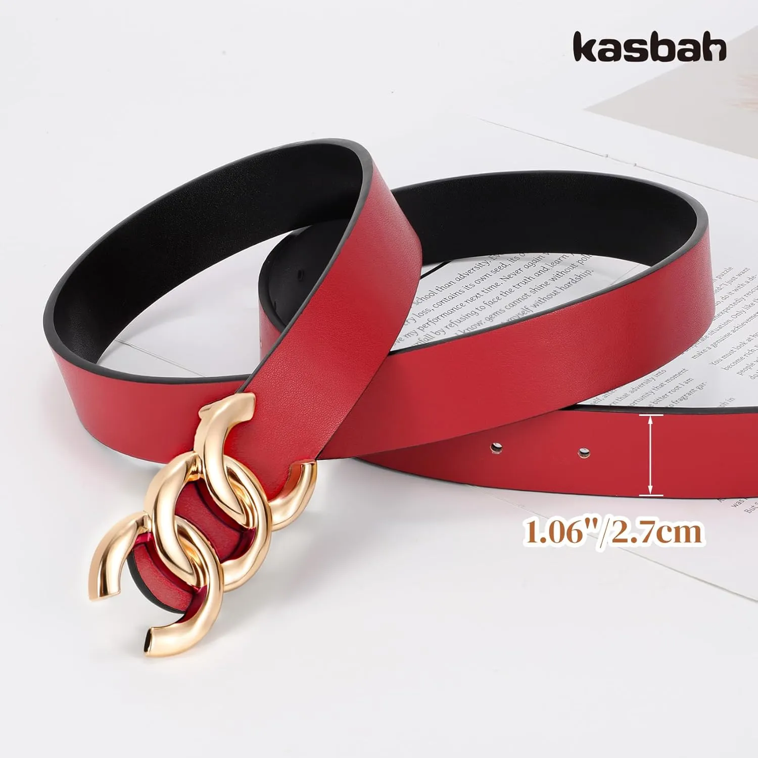 KASBAH Womens Reversible Leather Belt With Gold Buckle Two-in-One Ladies Waist Work Belt for Jeans Pants Dresses