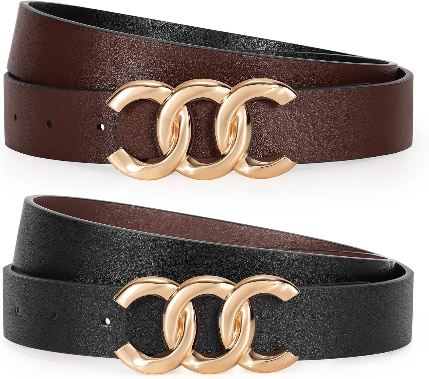 KASBAH Womens Reversible Leather Belt With Gold Buckle Two-in-One Ladies Waist Work Belt for Jeans Pants Dresses