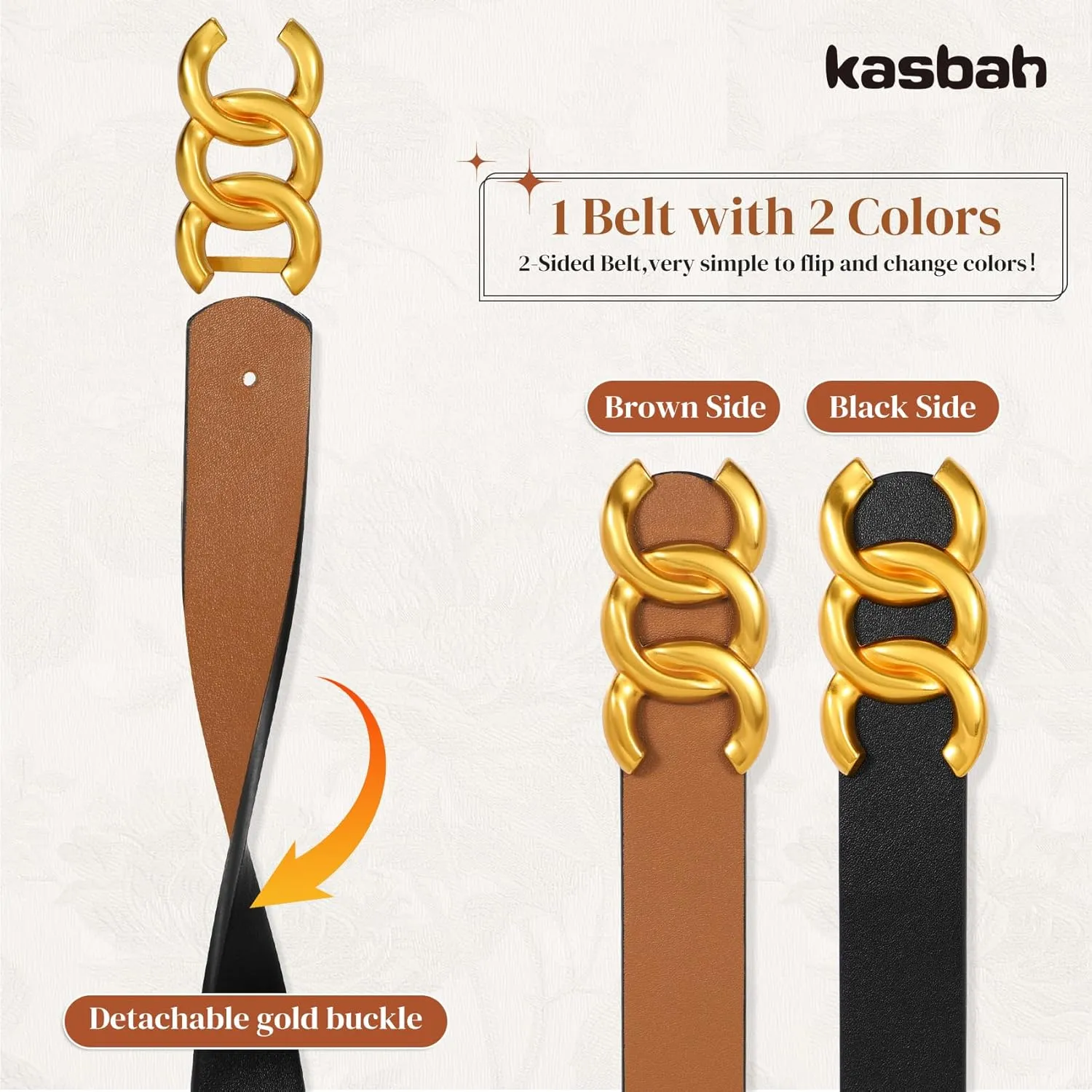 KASBAH Womens Reversible Leather Belt With Gold Buckle Two-in-One Ladies Waist Work Belt for Jeans Pants Dresses