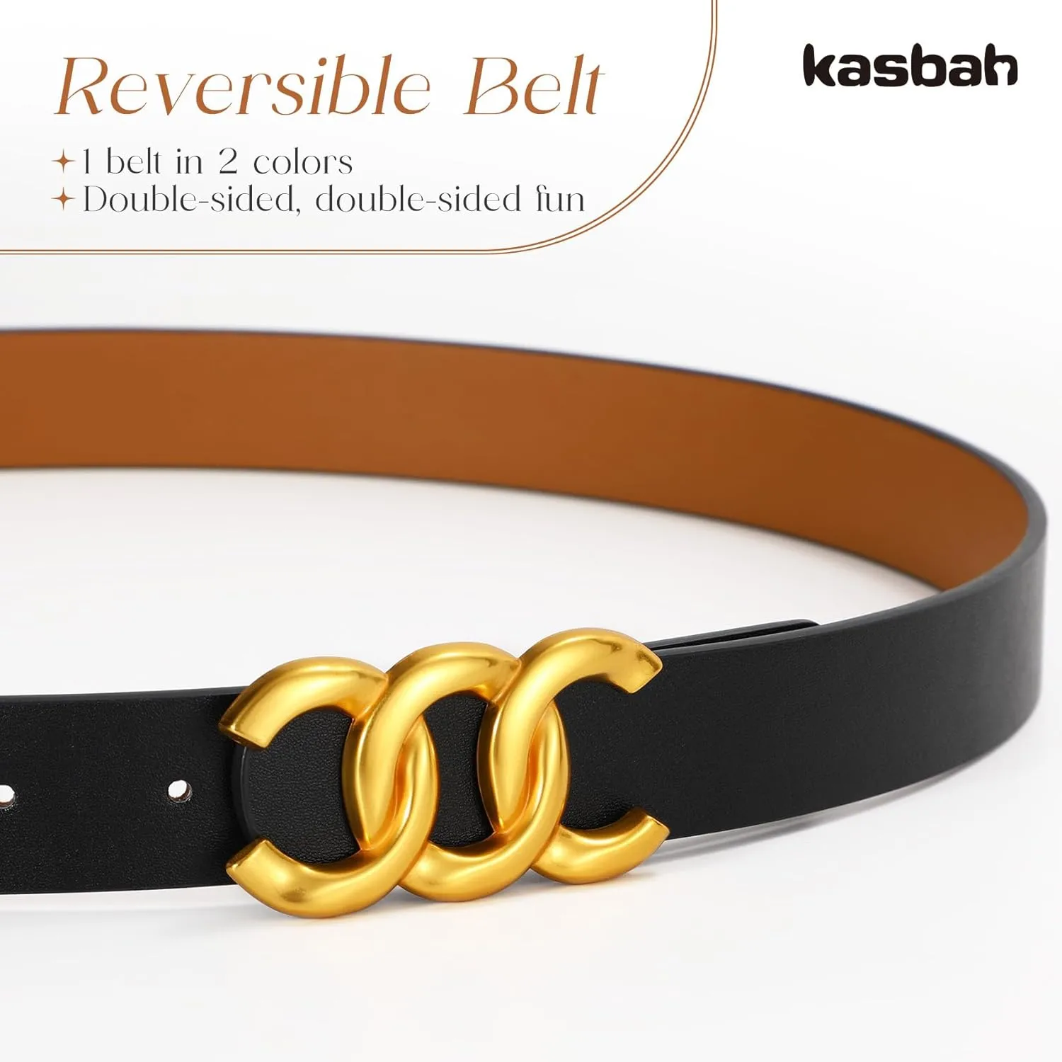 KASBAH Womens Reversible Leather Belt With Gold Buckle Two-in-One Ladies Waist Work Belt for Jeans Pants Dresses