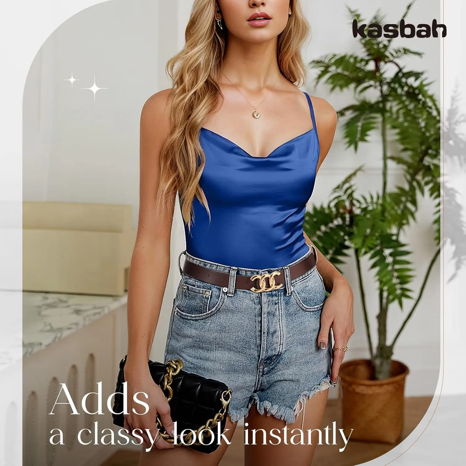 KASBAH Womens Reversible Leather Belt With Gold Buckle Two-in-One Ladies Waist Work Belt for Jeans Pants Dresses