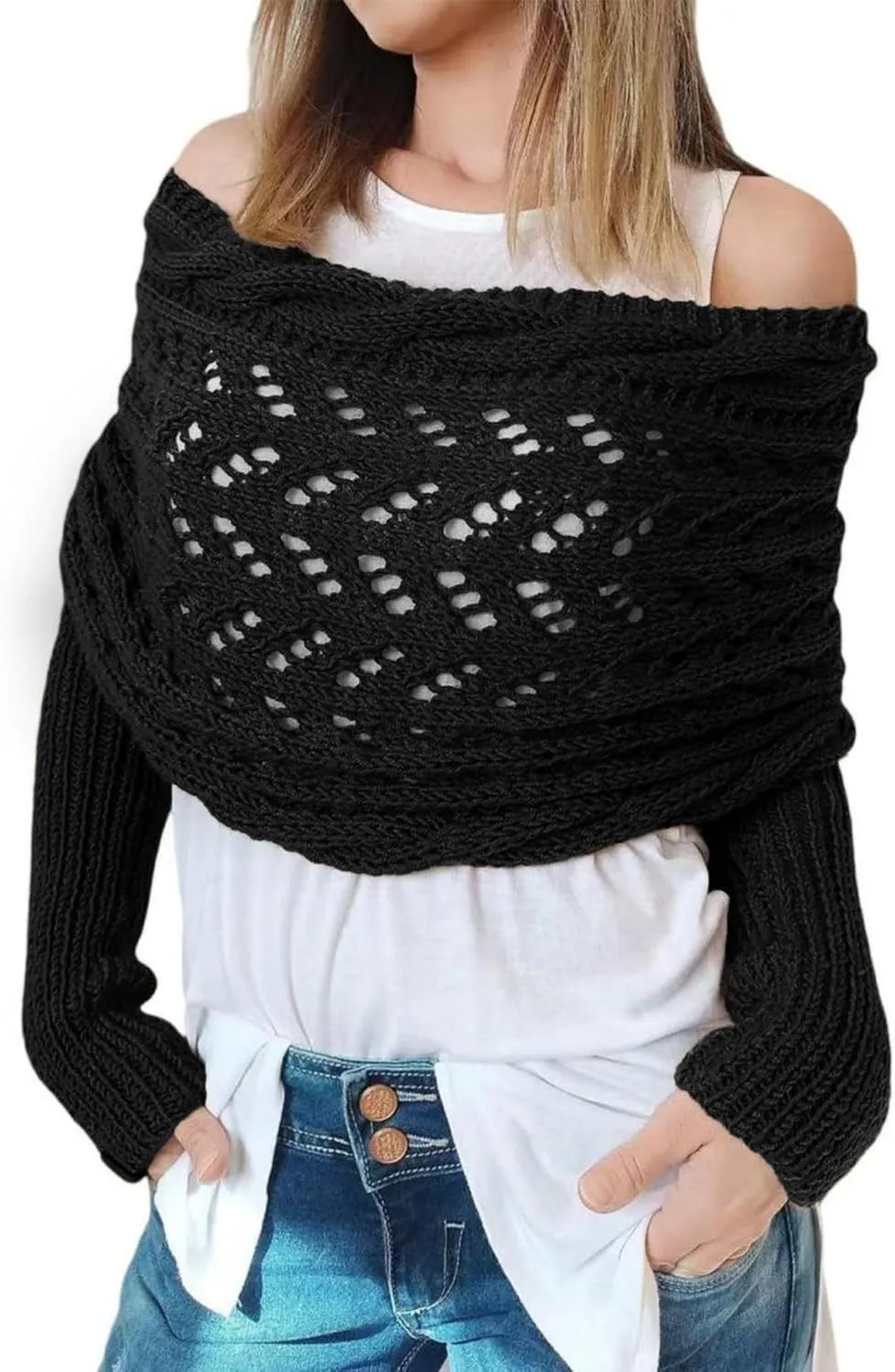 Knitted Cable Wrap, Scarf for Women, Hollow Out Crochet Cocoon Shrugs, 2024 Trendy Knit Sweater Scarf with Sleeves