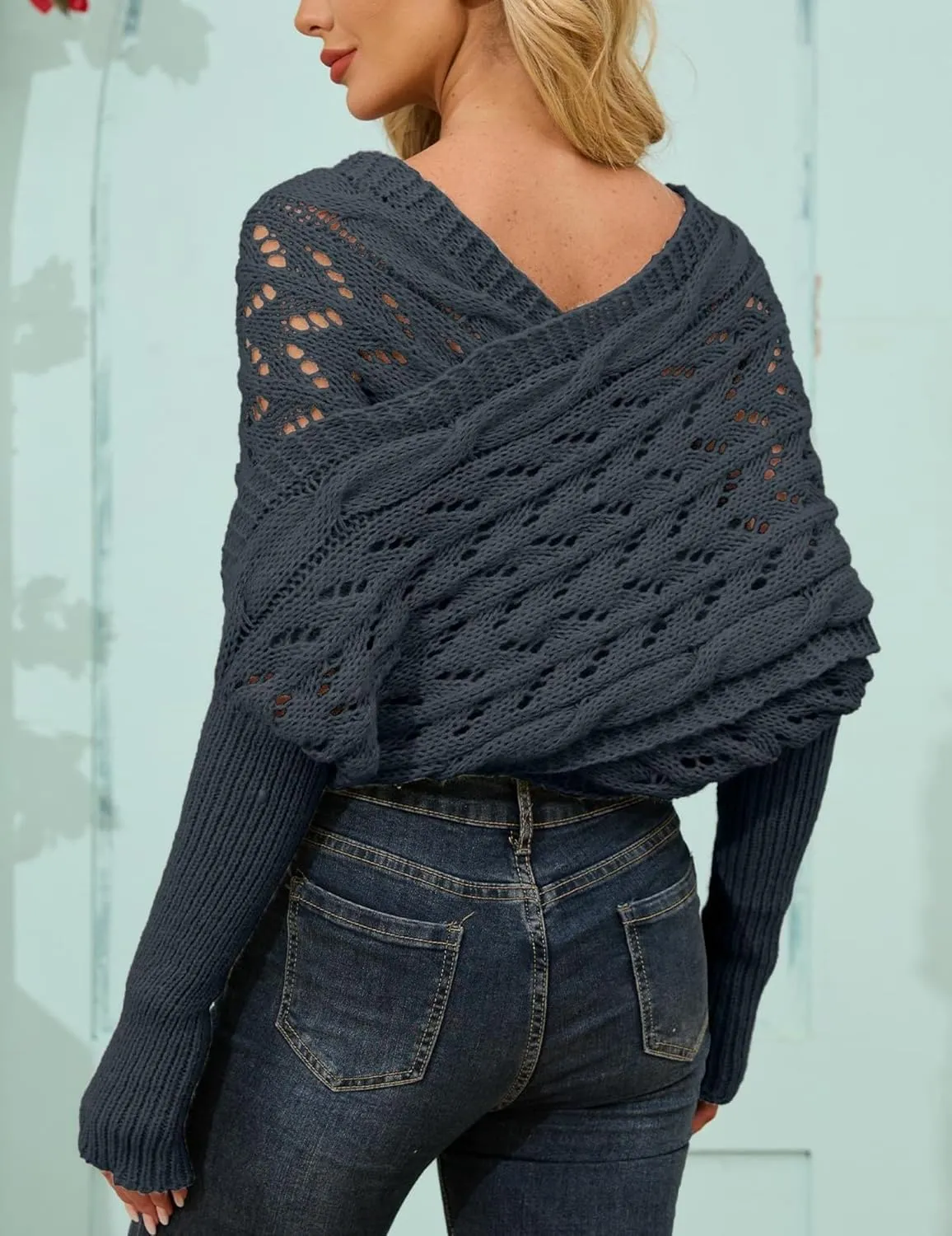Knitted Cable Wrap, Scarf for Women, Hollow Out Crochet Cocoon Shrugs, 2024 Trendy Knit Sweater Scarf with Sleeves