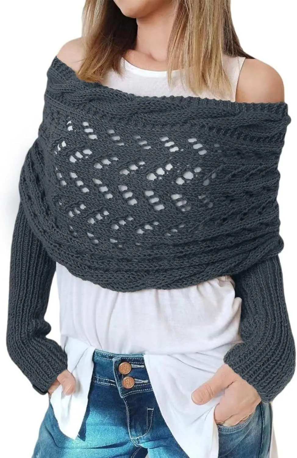 Knitted Cable Wrap, Scarf for Women, Hollow Out Crochet Cocoon Shrugs, 2024 Trendy Knit Sweater Scarf with Sleeves