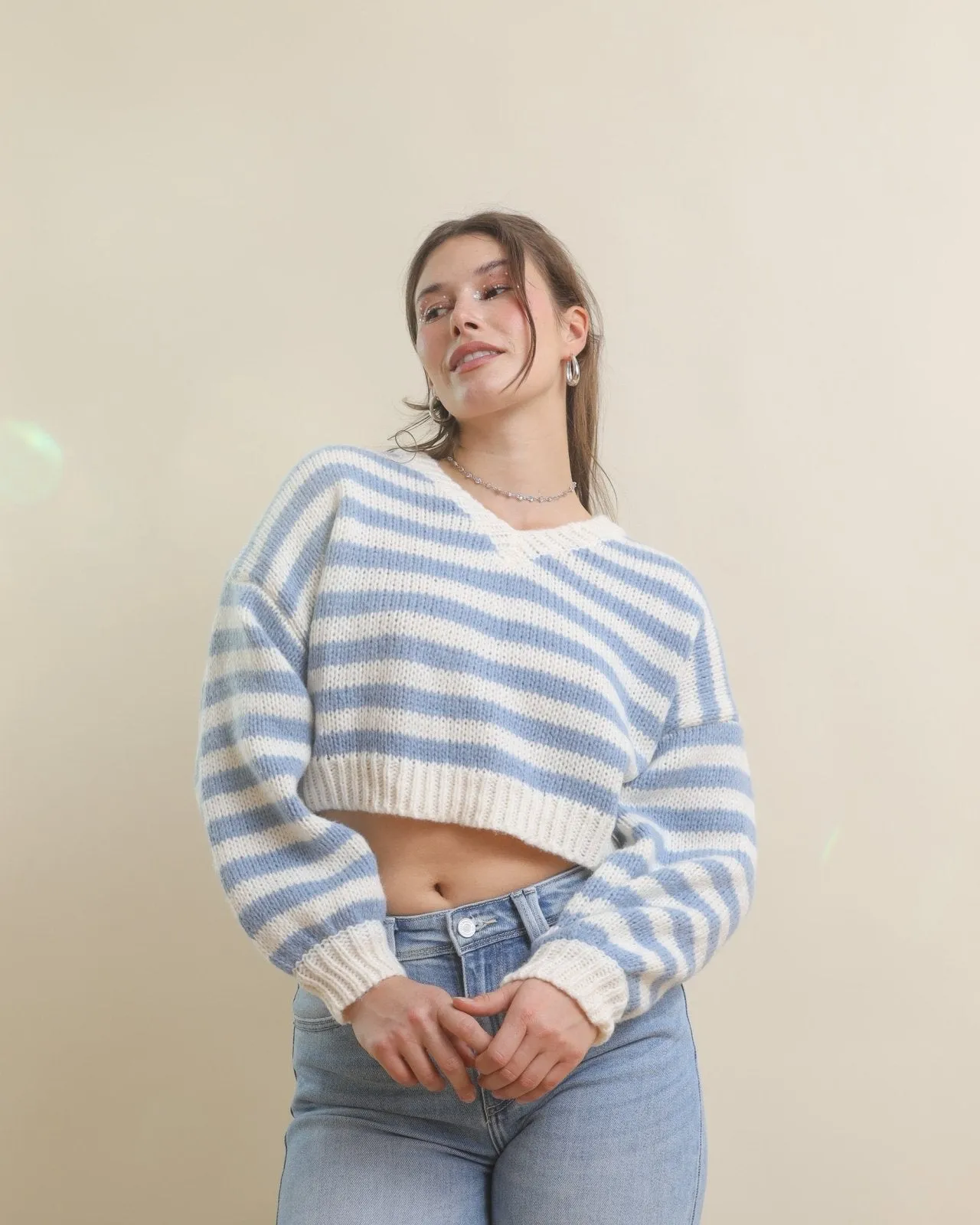 Light Blue Multi Long Sleeve V-Neck Striped Cropped Sweater