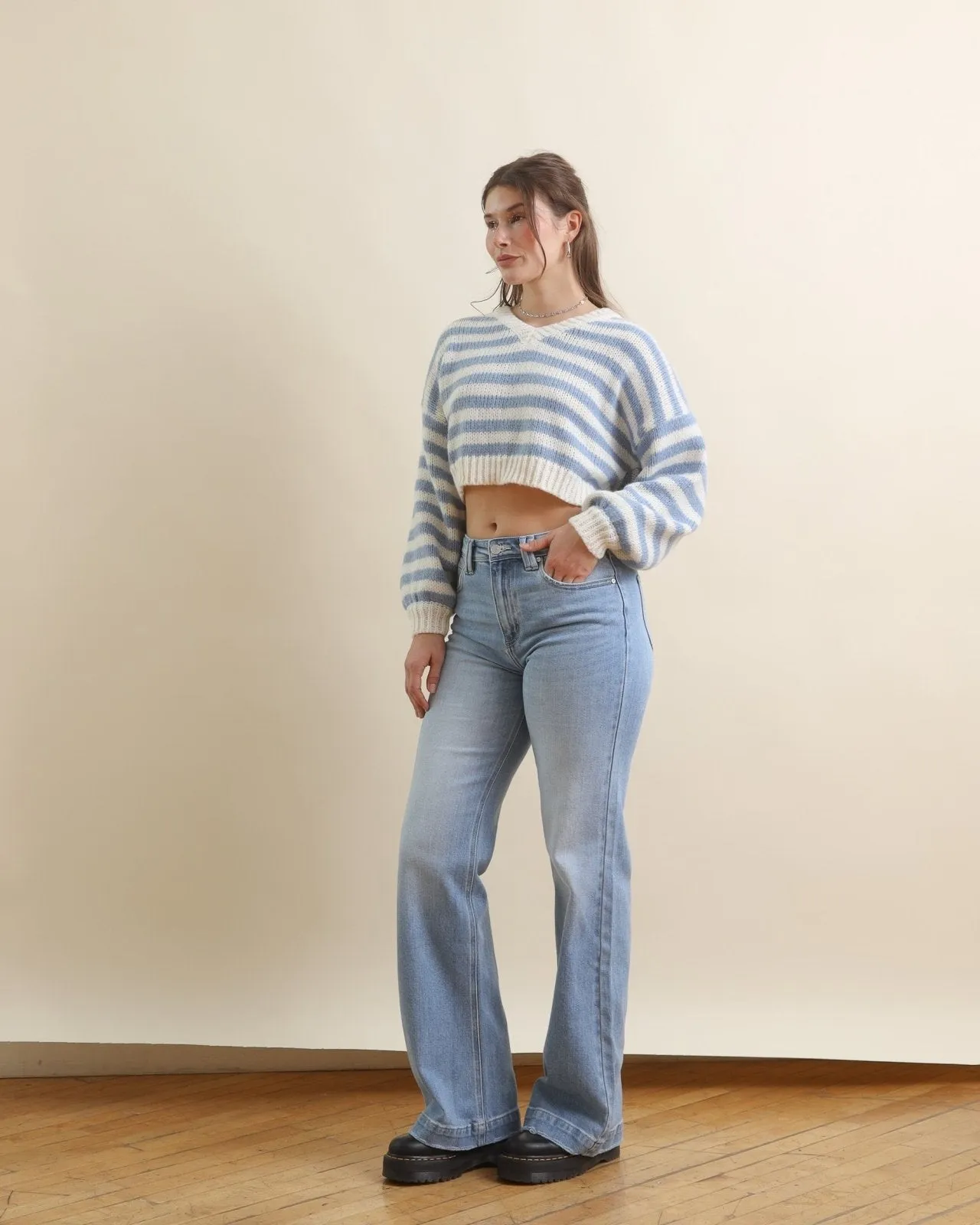 Light Blue Multi Long Sleeve V-Neck Striped Cropped Sweater