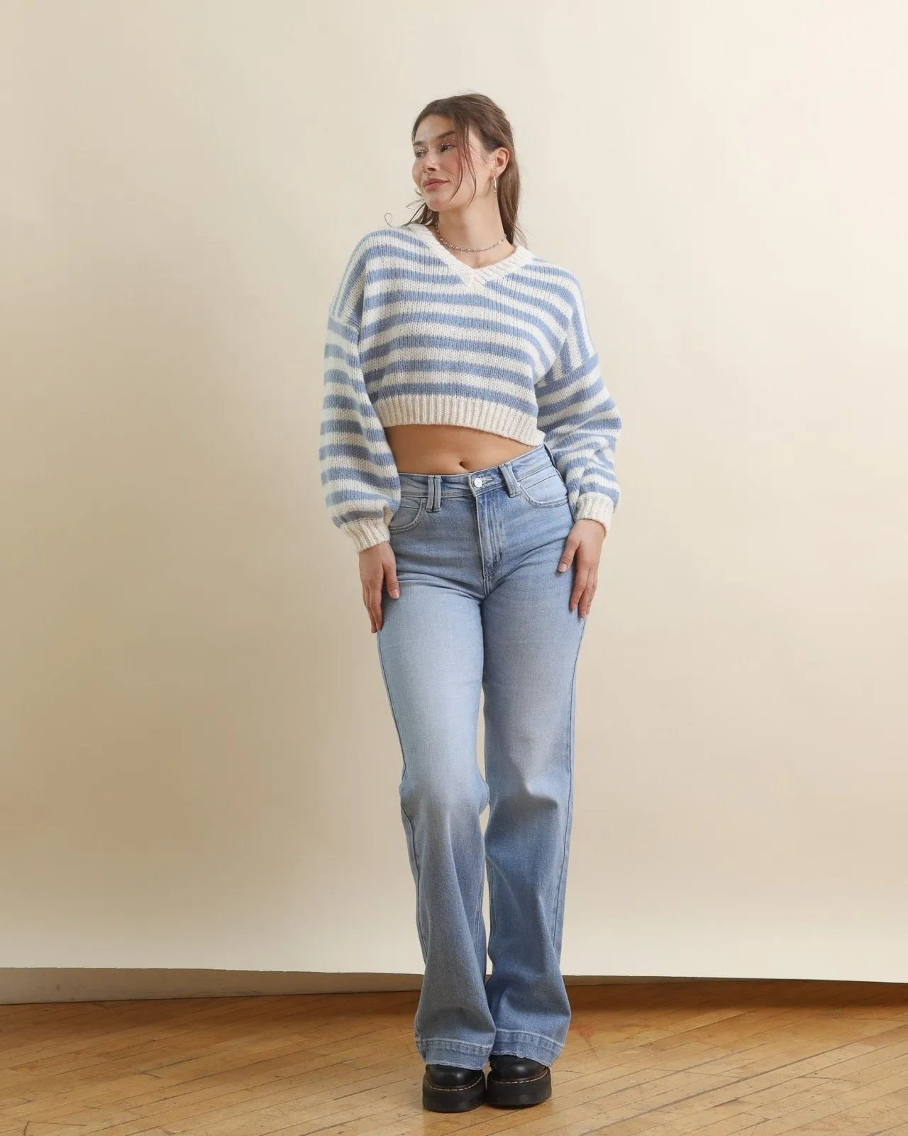 Light Blue Multi Long Sleeve V-Neck Striped Cropped Sweater