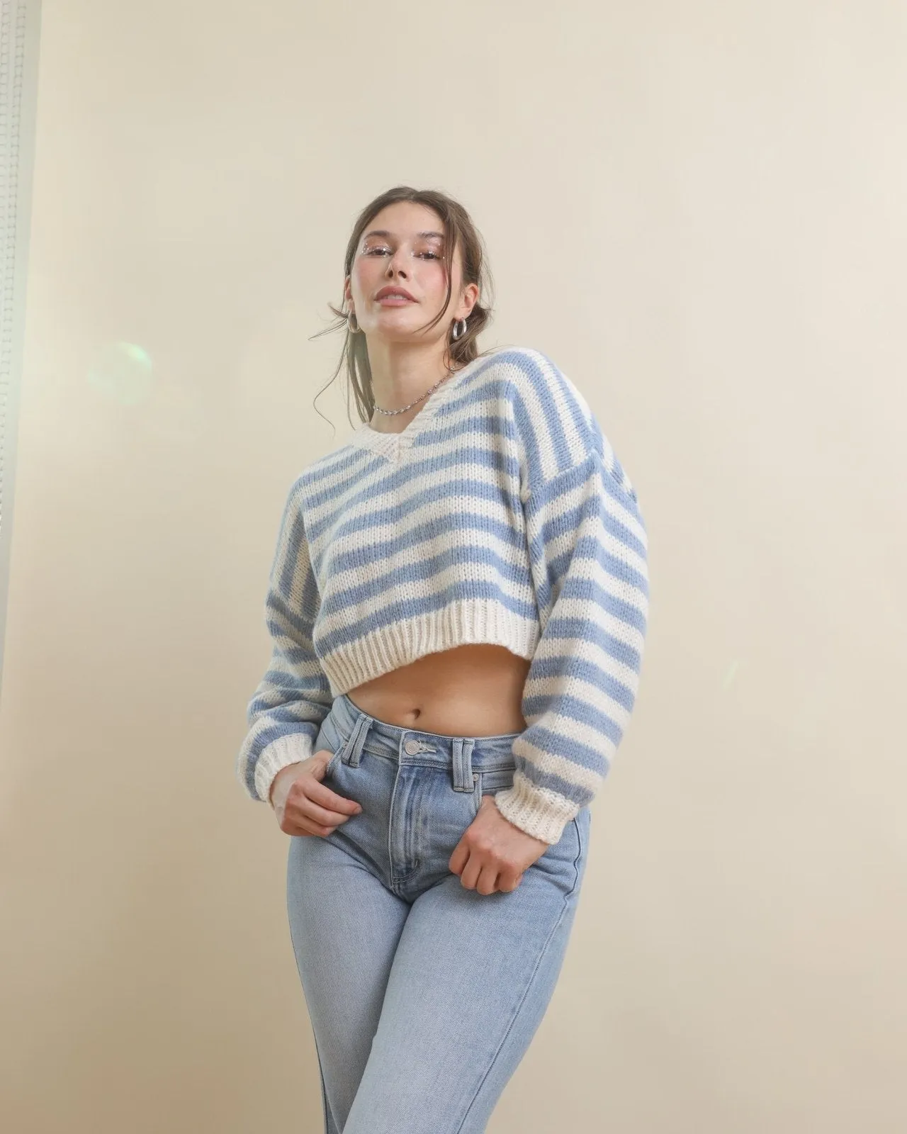Light Blue Multi Long Sleeve V-Neck Striped Cropped Sweater