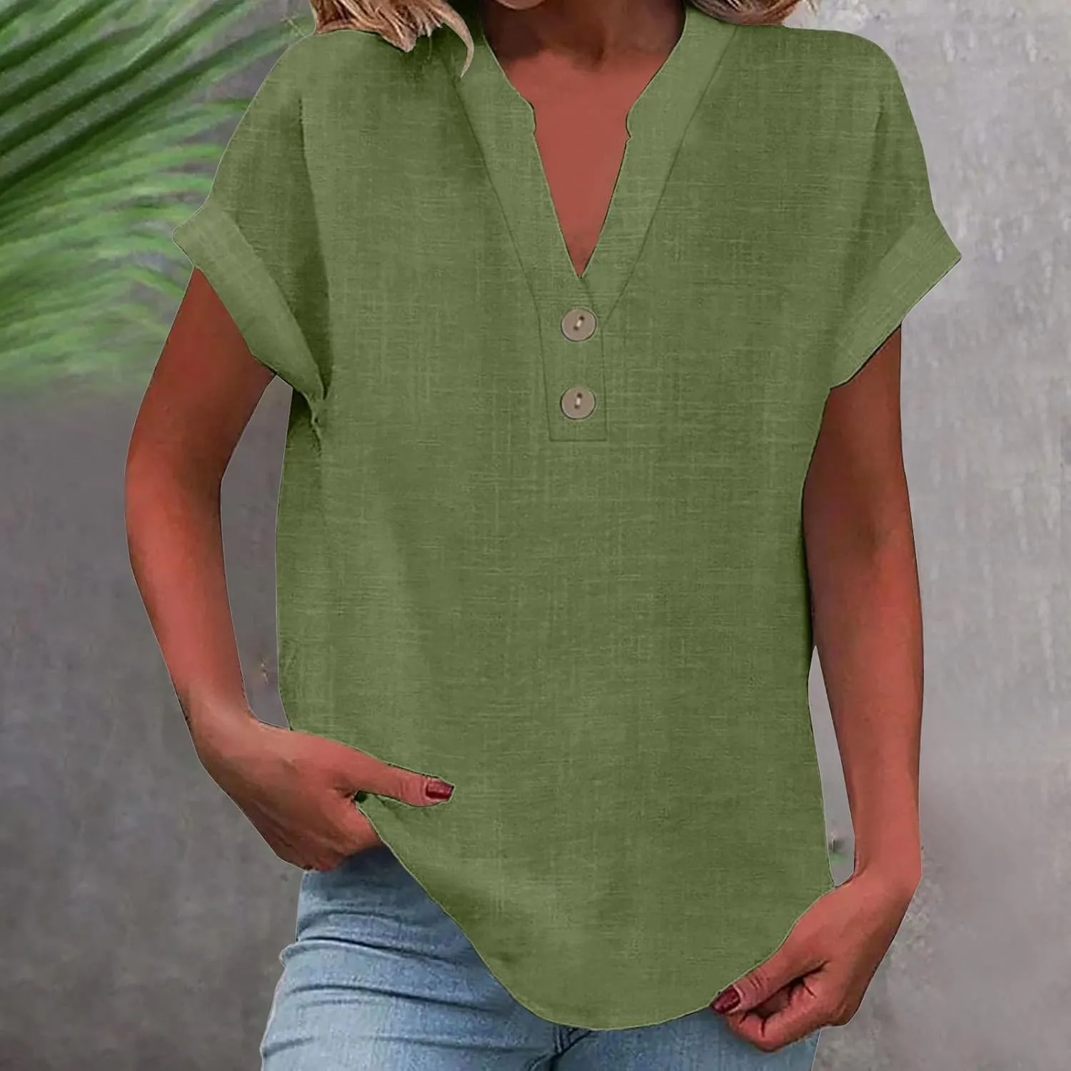 Linen Tops for Women Oversized Crew Neck Summer Short Sleeve Cotton Linen Tee Shirts Button Casual Soft Blouse