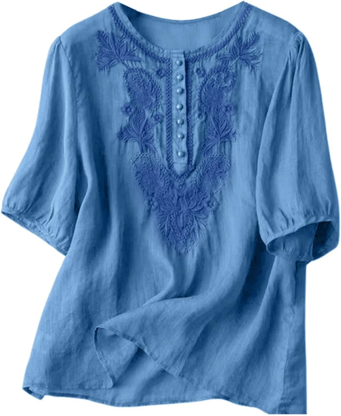Linen Tops for Women Oversized Crew Neck Summer Short Sleeve Cotton Linen Tee Shirts Button Casual Soft Blouse