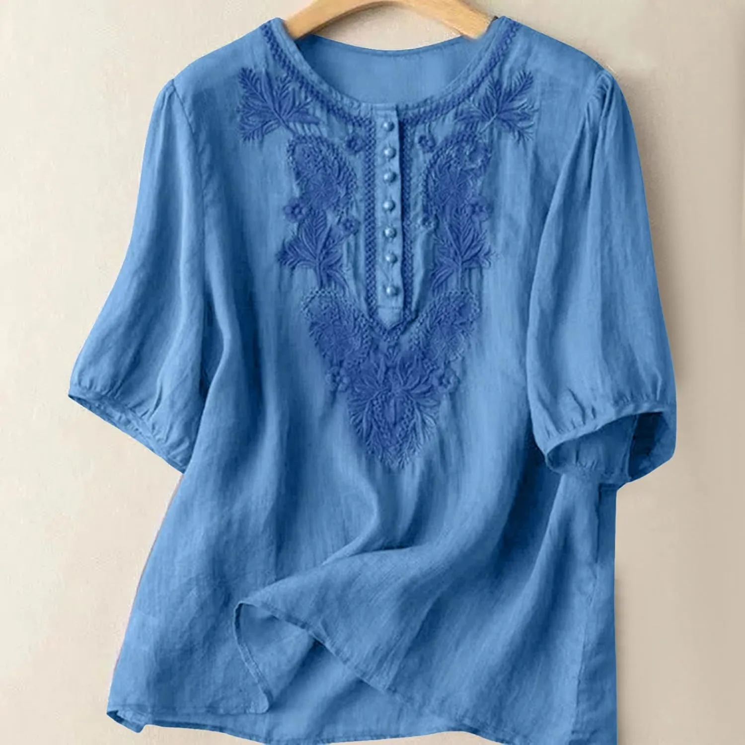 Linen Tops for Women Oversized Crew Neck Summer Short Sleeve Cotton Linen Tee Shirts Button Casual Soft Blouse