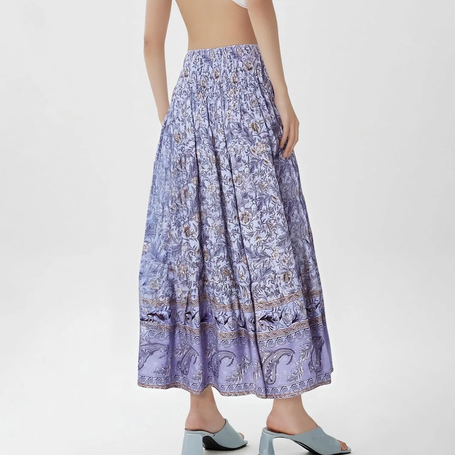 Long Maxi Skirts for Women 2025 Floral Boho Swing Flowy Skirt Smocked High Waisted Skirts Tiered Beach Midi Skirt
