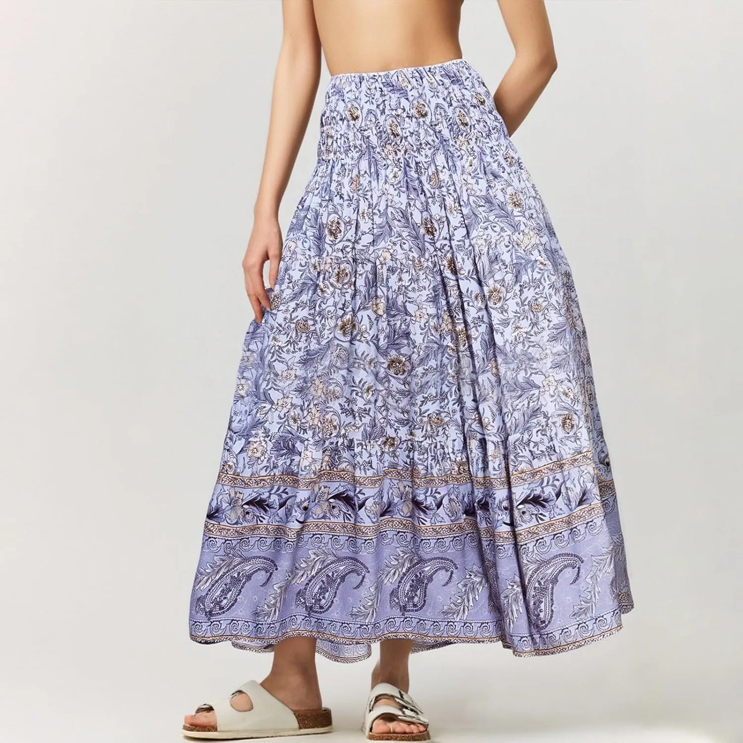 Long Maxi Skirts for Women 2025 Floral Boho Swing Flowy Skirt Smocked High Waisted Skirts Tiered Beach Midi Skirt