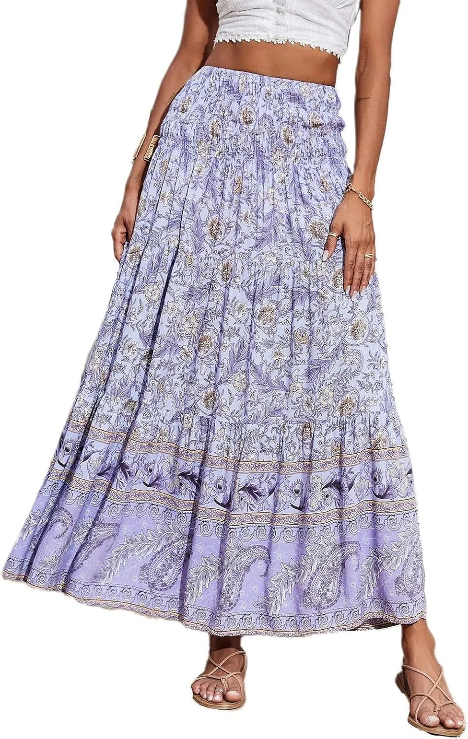 Long Maxi Skirts for Women 2025 Floral Boho Swing Flowy Skirt Smocked High Waisted Skirts Tiered Beach Midi Skirt