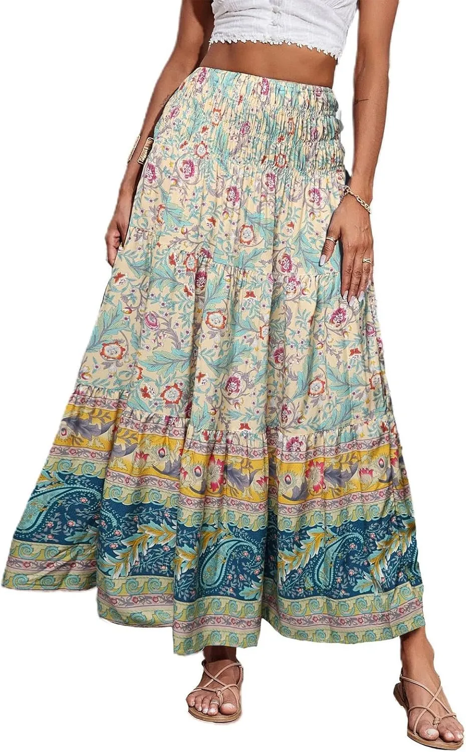 Long Skirts for Women 2025 Smocked Elastic High Waisted Skirts Boho Flowy A Line Tiered Floral Maxi Skirt