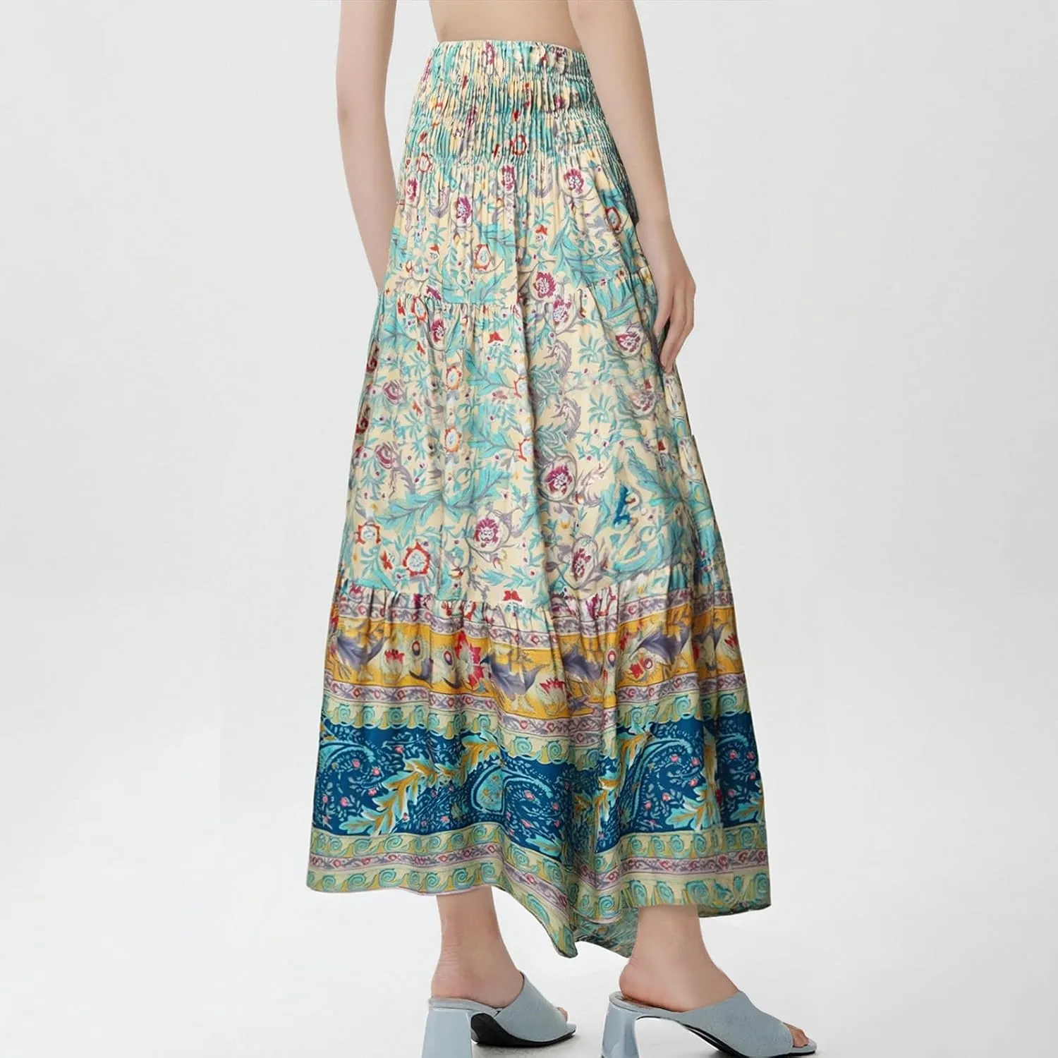 Long Skirts for Women 2025 Smocked Elastic High Waisted Skirts Boho Flowy A Line Tiered Floral Maxi Skirt