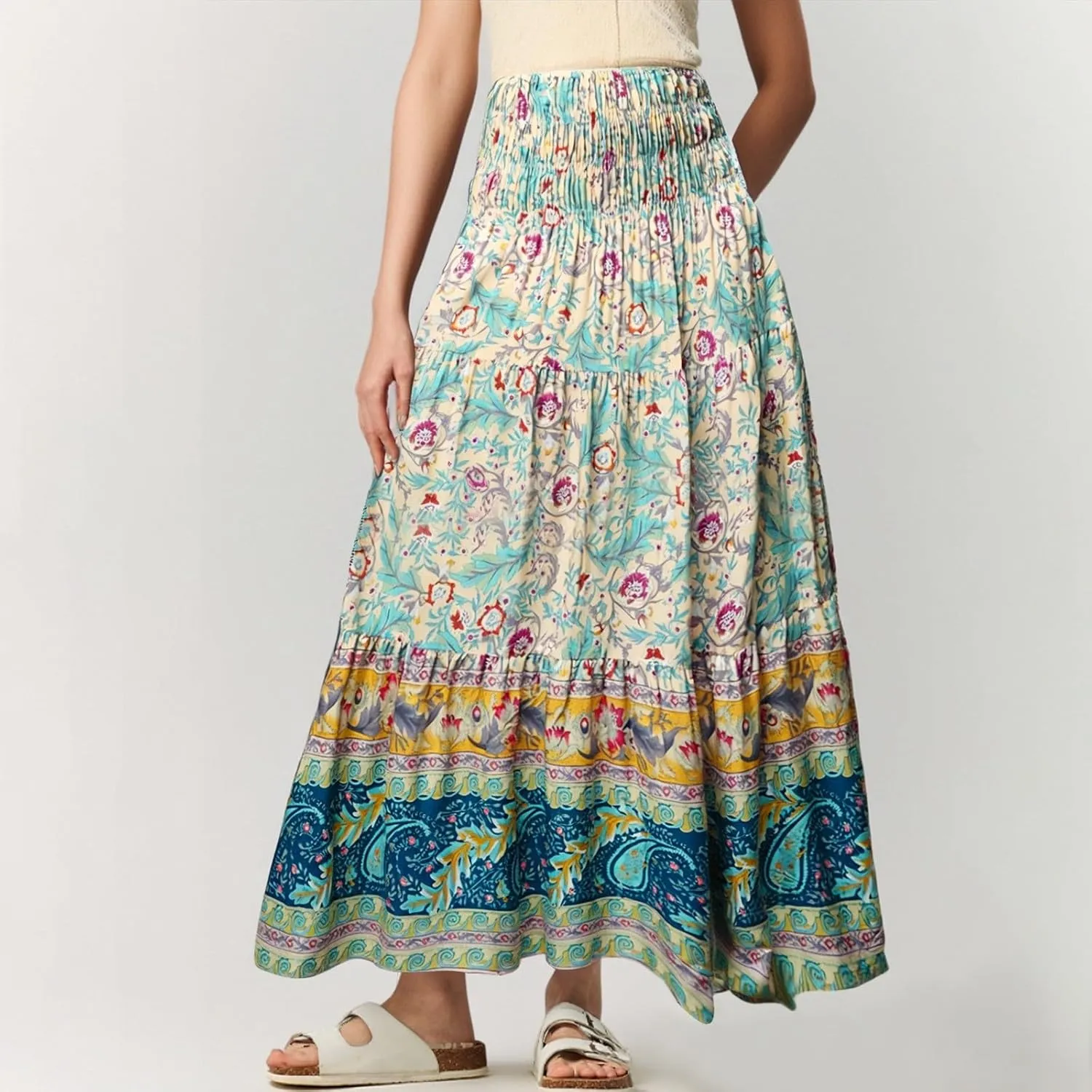 Long Skirts for Women 2025 Smocked Elastic High Waisted Skirts Boho Flowy A Line Tiered Floral Maxi Skirt