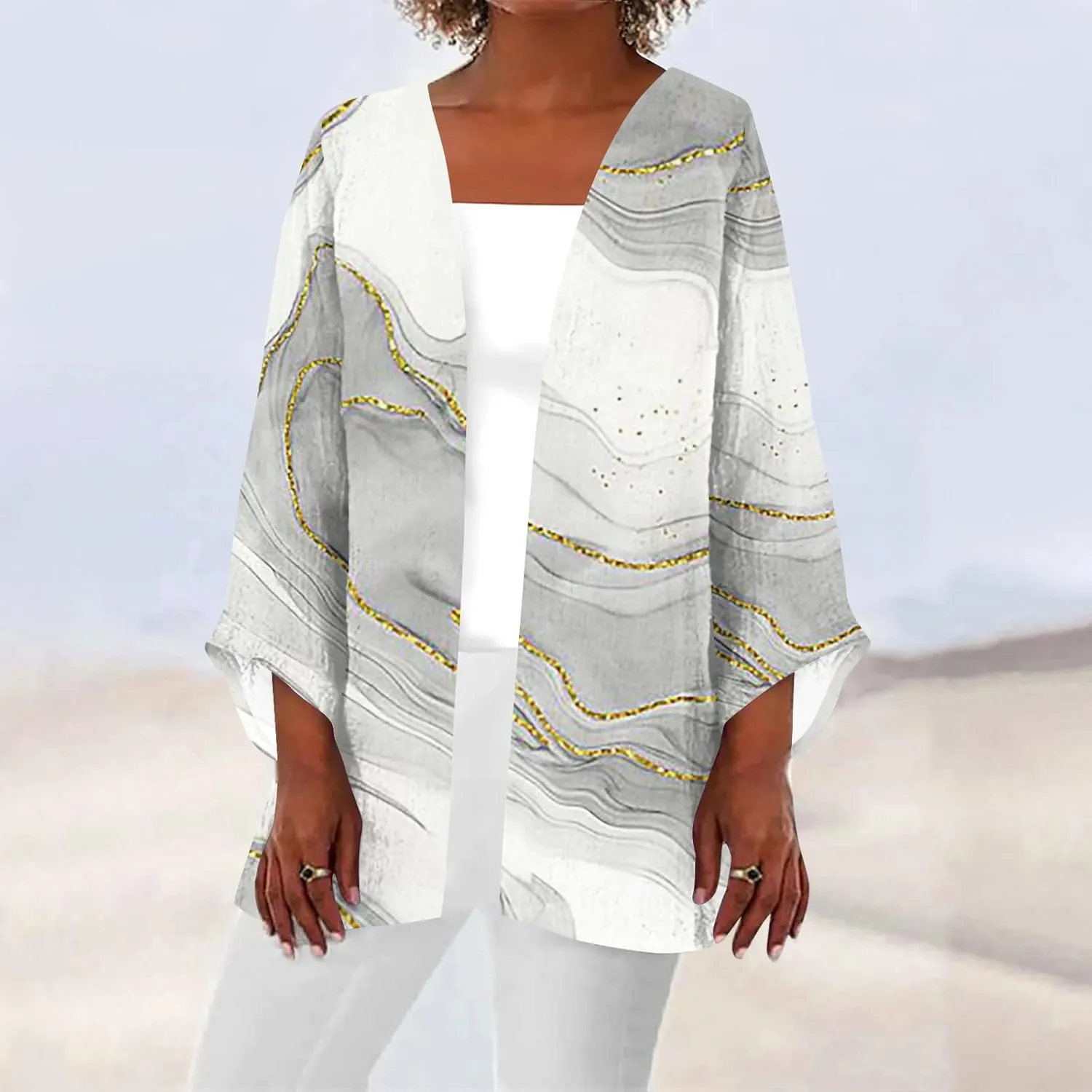 Long Sleeve Kimono for Womens Retro Print Casual Duster Blouse Tops Coat 3/4 Sleeve Jackets Lightweight Cardigans