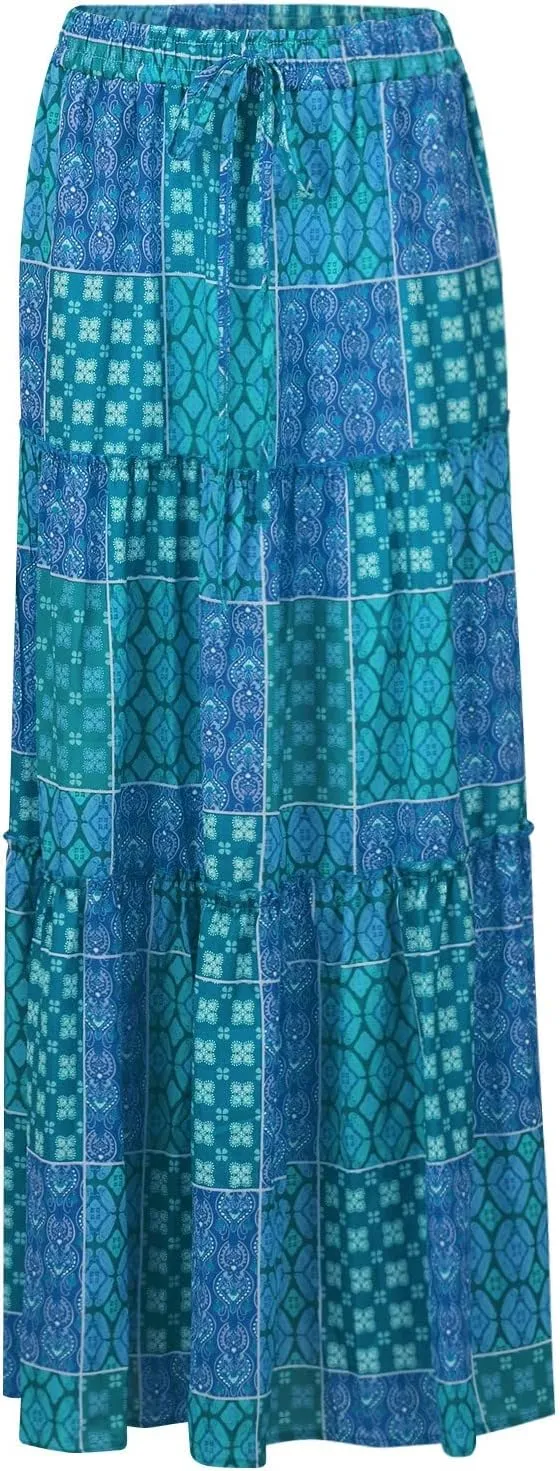 Maxi Skirts for Women 2025 Floral Beach Tiered Boho Skirt Drawstring Flowy Long Skirt Casual High Waisted Skirts