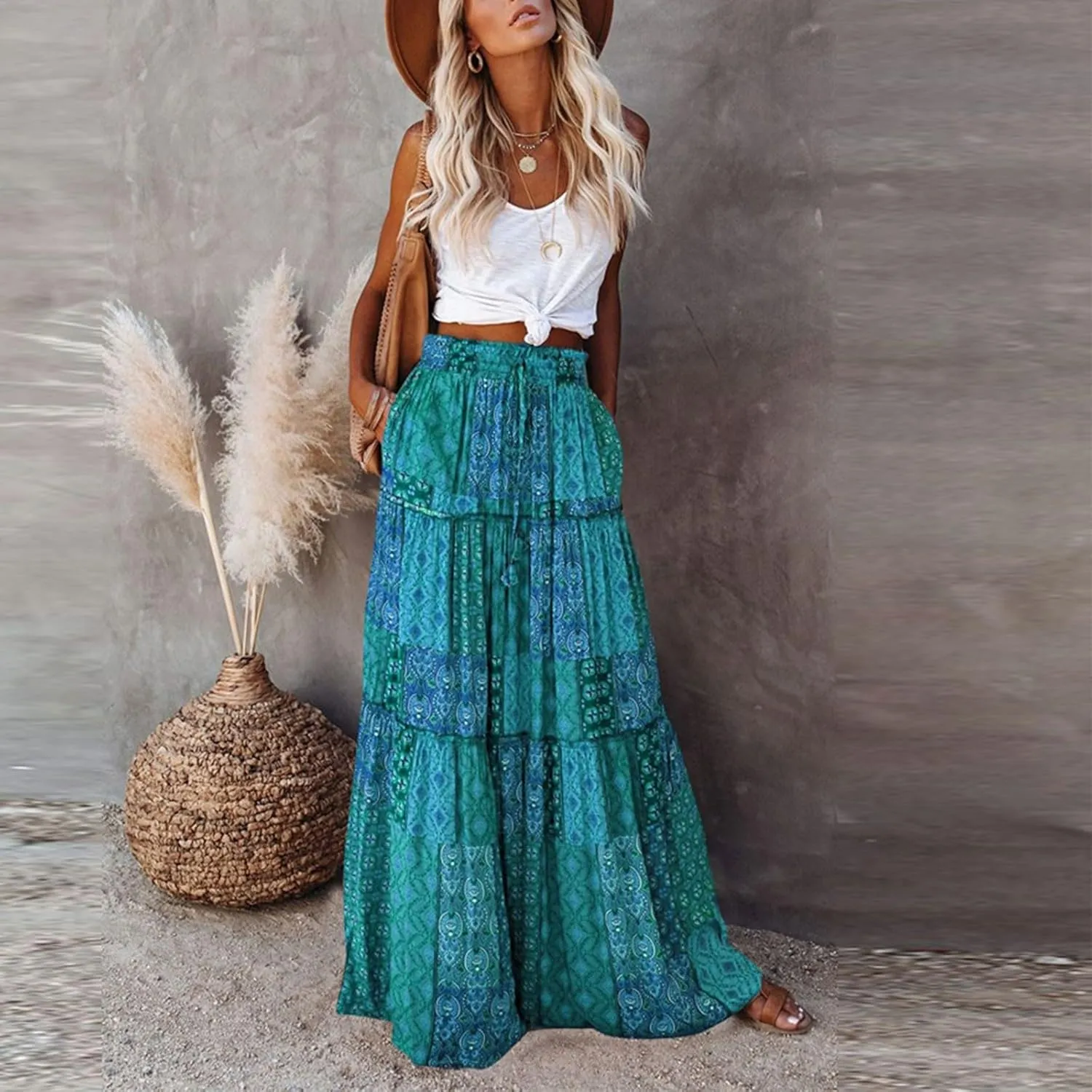 Maxi Skirts for Women 2025 Floral Beach Tiered Boho Skirt Drawstring Flowy Long Skirt Casual High Waisted Skirts