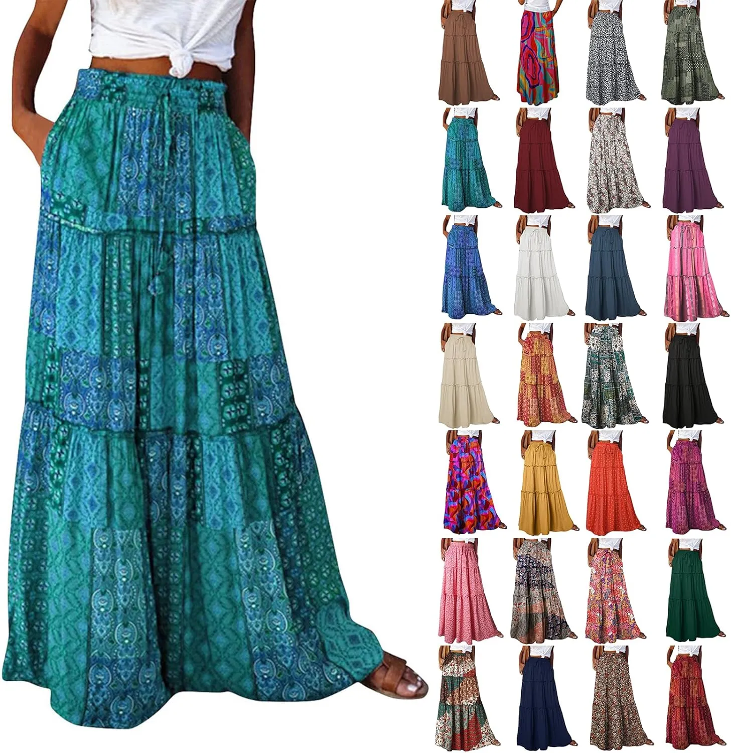 Maxi Skirts for Women 2025 Floral Beach Tiered Boho Skirt Drawstring Flowy Long Skirt Casual High Waisted Skirts