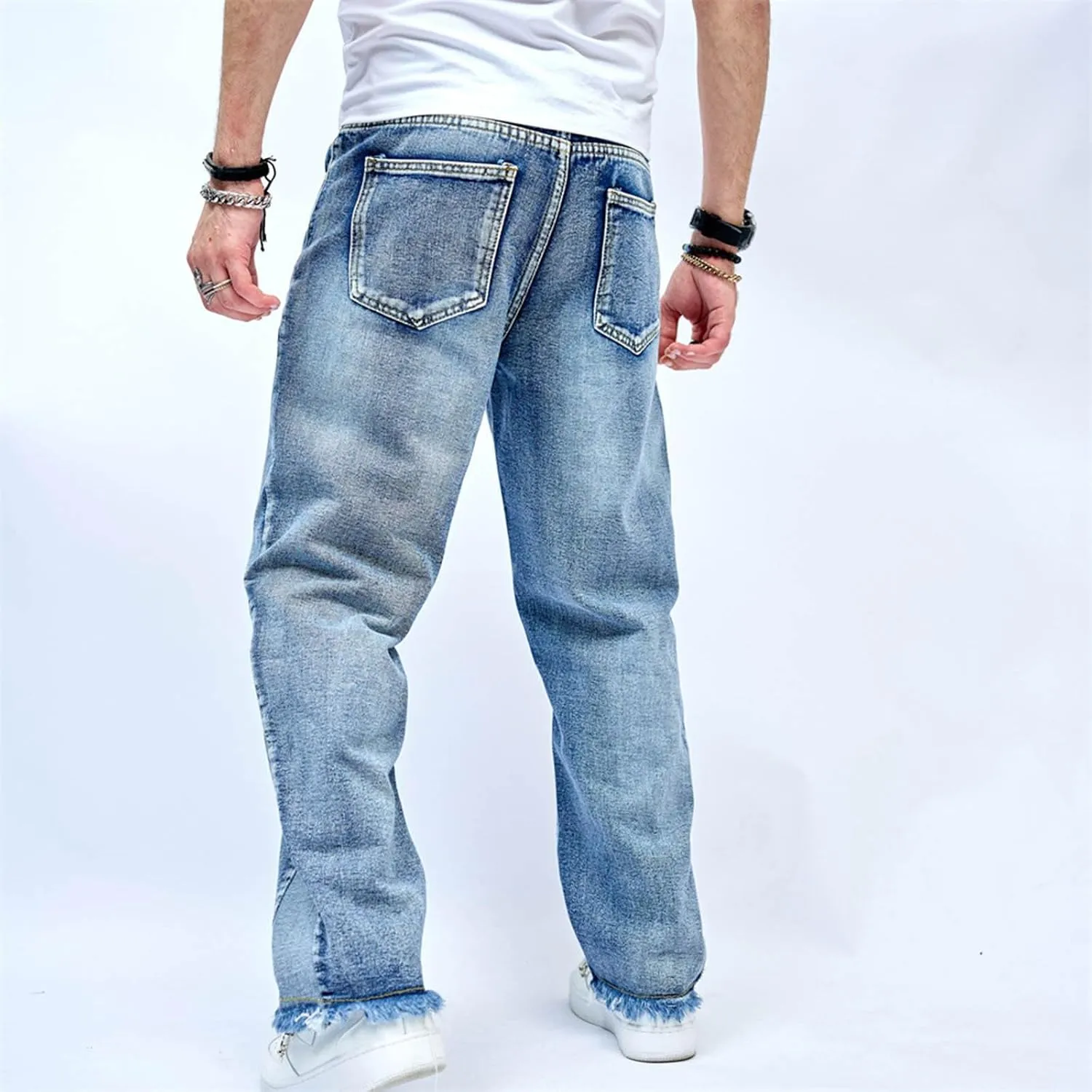Men's Jeans Light Wash Denim Straight Leg Pants Fringe Detailing Hem Relaxed Fit Street Casual Everyday Trousers