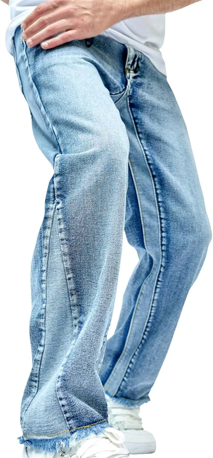 Men's Jeans Light Wash Denim Straight Leg Pants Fringe Detailing Hem Relaxed Fit Street Casual Everyday Trousers