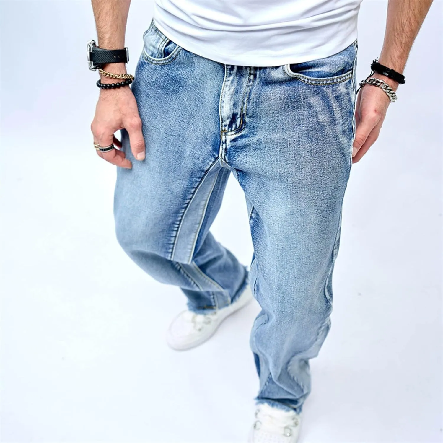 Men's Jeans Light Wash Denim Straight Leg Pants Fringe Detailing Hem Relaxed Fit Street Casual Everyday Trousers