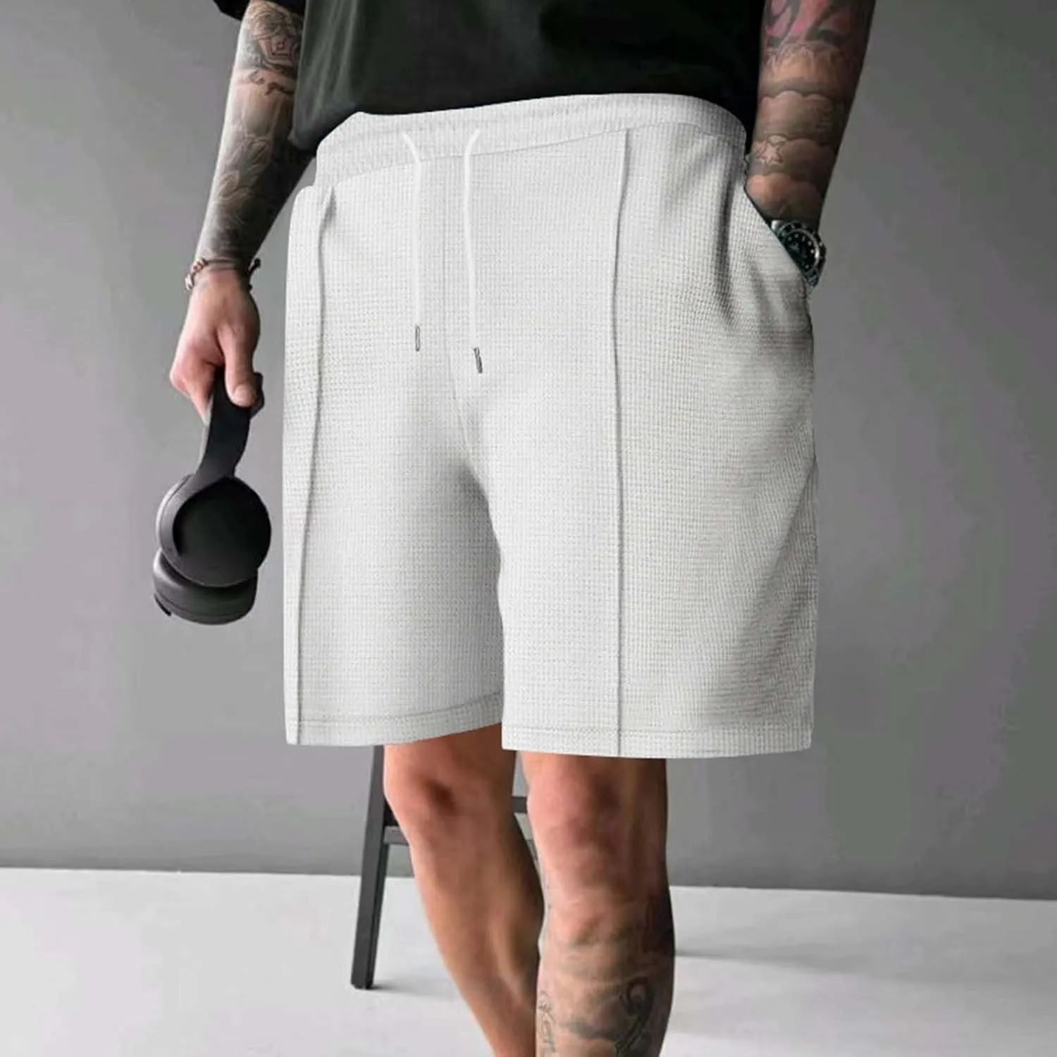 Mens Outdoor Fashion Shorts Waffle Casual Summer Wide Leg Bermuda Shorts with Pockets Elastic Waist Casual Loose Sweat Shorts