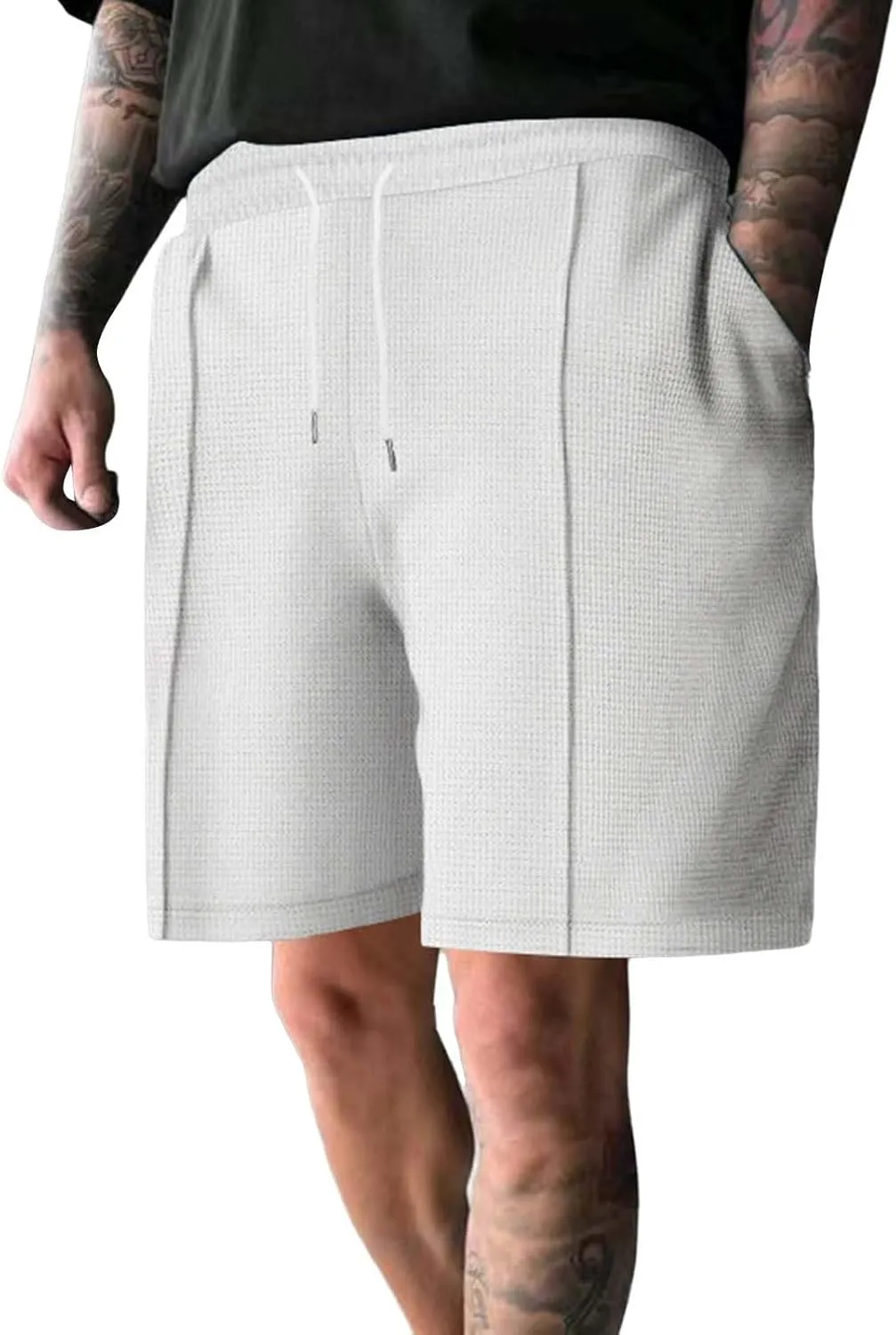 Mens Outdoor Fashion Shorts Waffle Casual Summer Wide Leg Bermuda Shorts with Pockets Elastic Waist Casual Loose Sweat Shorts