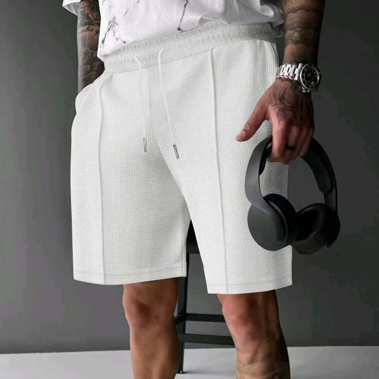 Mens Outdoor Fashion Shorts Waffle Casual Summer Wide Leg Bermuda Shorts with Pockets Elastic Waist Casual Loose Sweat Shorts