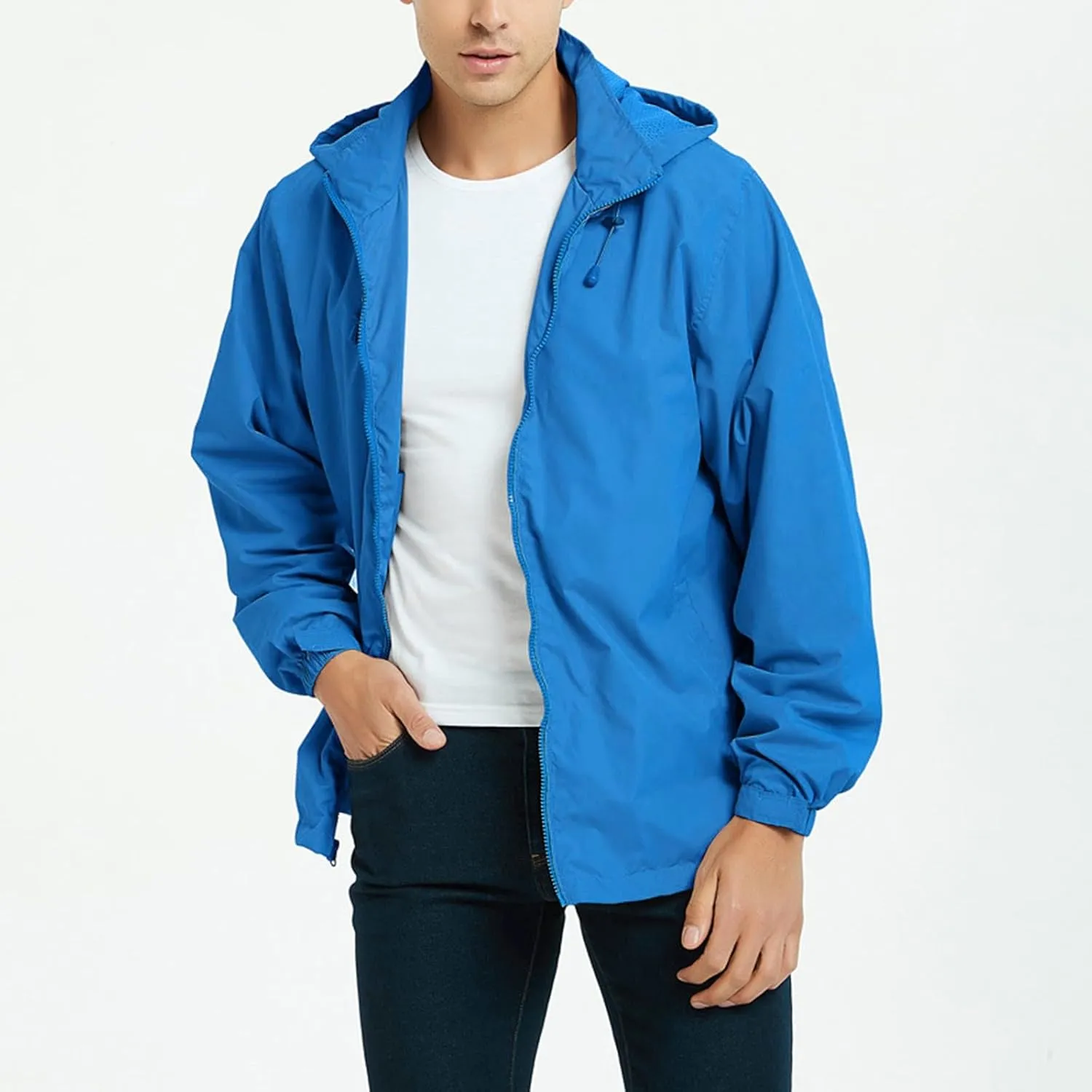 Mens Rain Jacket Mesh Breathable Lightweight Raincoat Waterproof with Removable Hood Windbreaker Travel Hiking Jacket