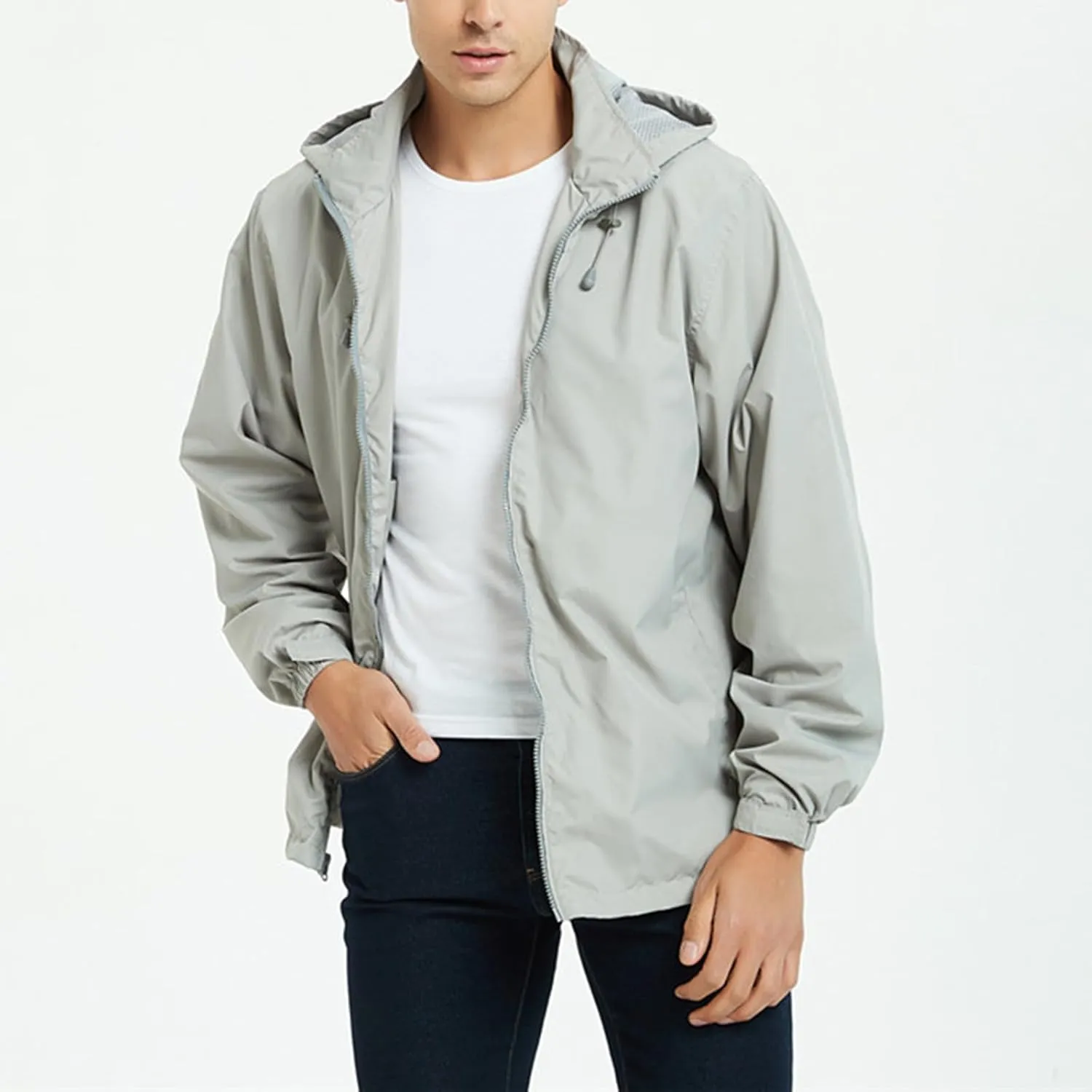 Mens Rain Jacket Mesh Breathable Lightweight Raincoat Waterproof with Removable Hood Windbreaker Travel Hiking Jacket