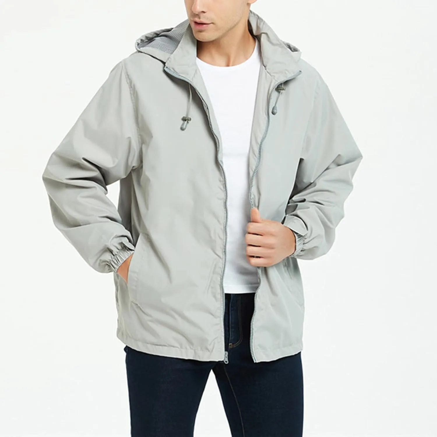 Mens Rain Jacket Mesh Breathable Lightweight Raincoat Waterproof with Removable Hood Windbreaker Travel Hiking Jacket