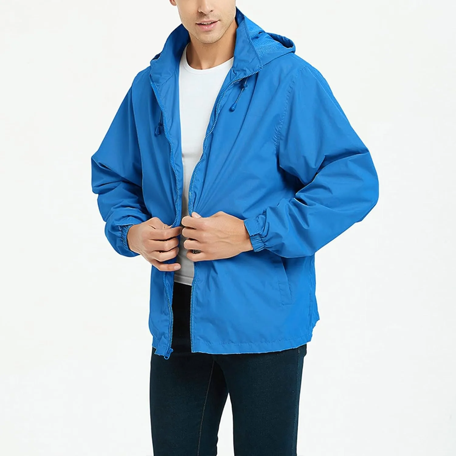 Mens Rain Jacket Mesh Breathable Lightweight Raincoat Waterproof with Removable Hood Windbreaker Travel Hiking Jacket