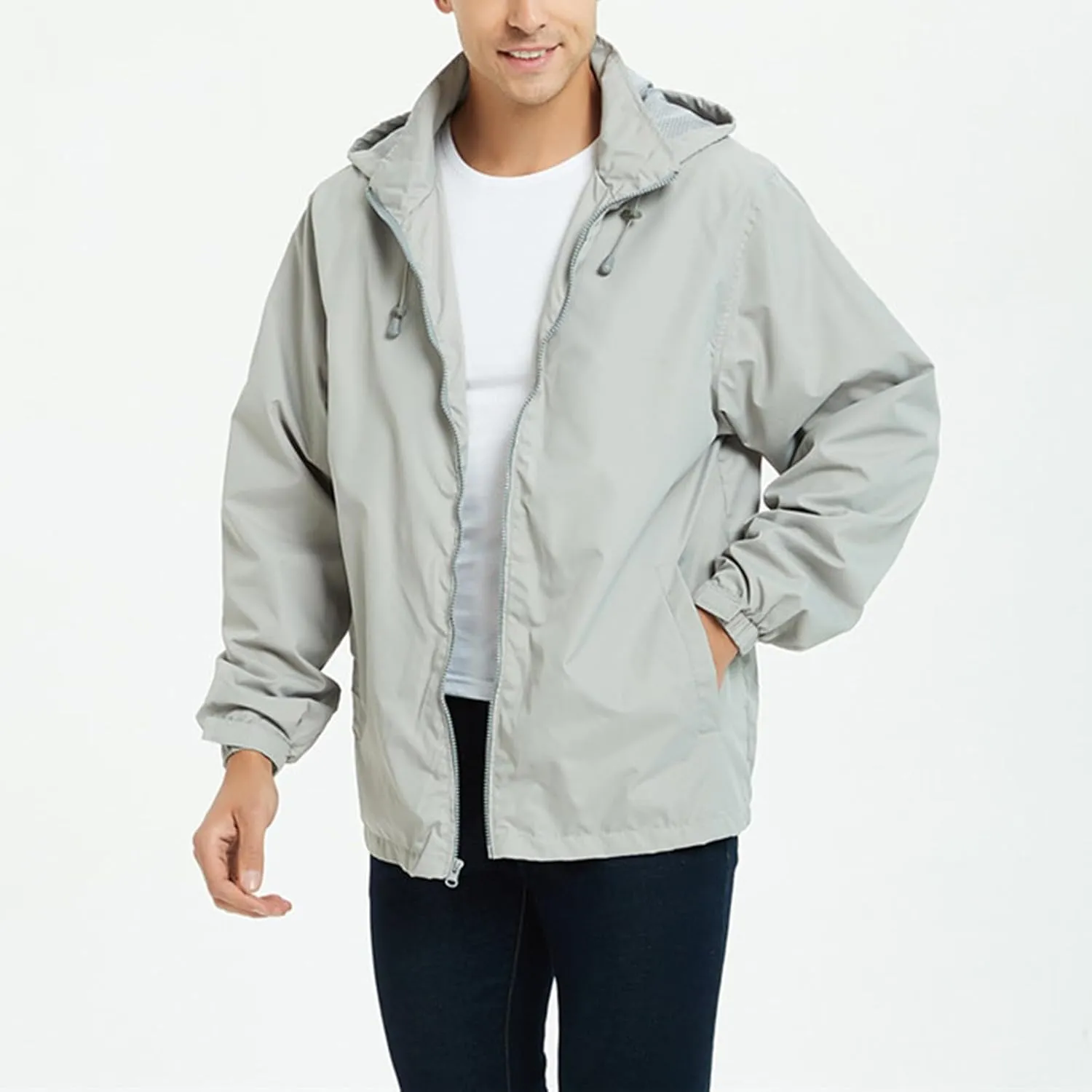 Mens Rain Jacket Mesh Breathable Lightweight Raincoat Waterproof with Removable Hood Windbreaker Travel Hiking Jacket
