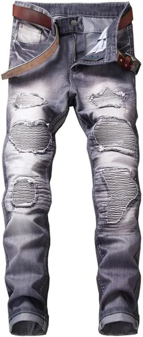 Men's Ripped Distressed Slim Fit Denim Pants Skinny Old Stretch Washed Straight Fit Jeans Stretchs Rippeds Jean Trousers (Light Grey,32)