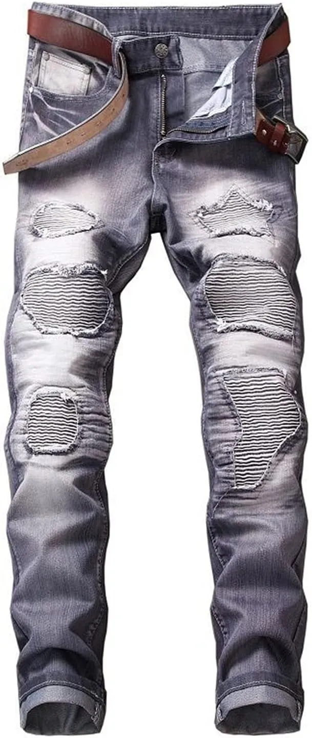 Men's Ripped Distressed Slim Fit Denim Pants Skinny Old Stretch Washed Straight Fit Jeans Stretchs Rippeds Jean Trousers (Light Grey,32)